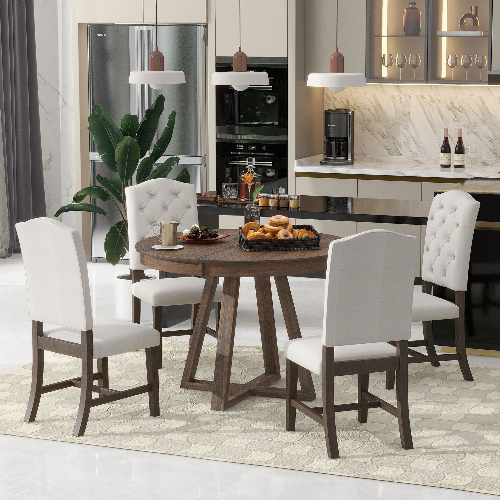 5-Piece Retro Functional Dining Set, Round Table with a 16"W Leaf and 4 Upholstered Chairs - Walnut