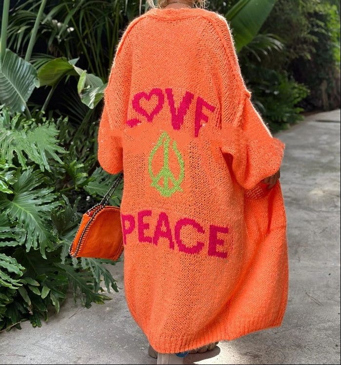 Cozy Women's Love Peace Graphic Oversized Cardigan Sweater Long Sleeve