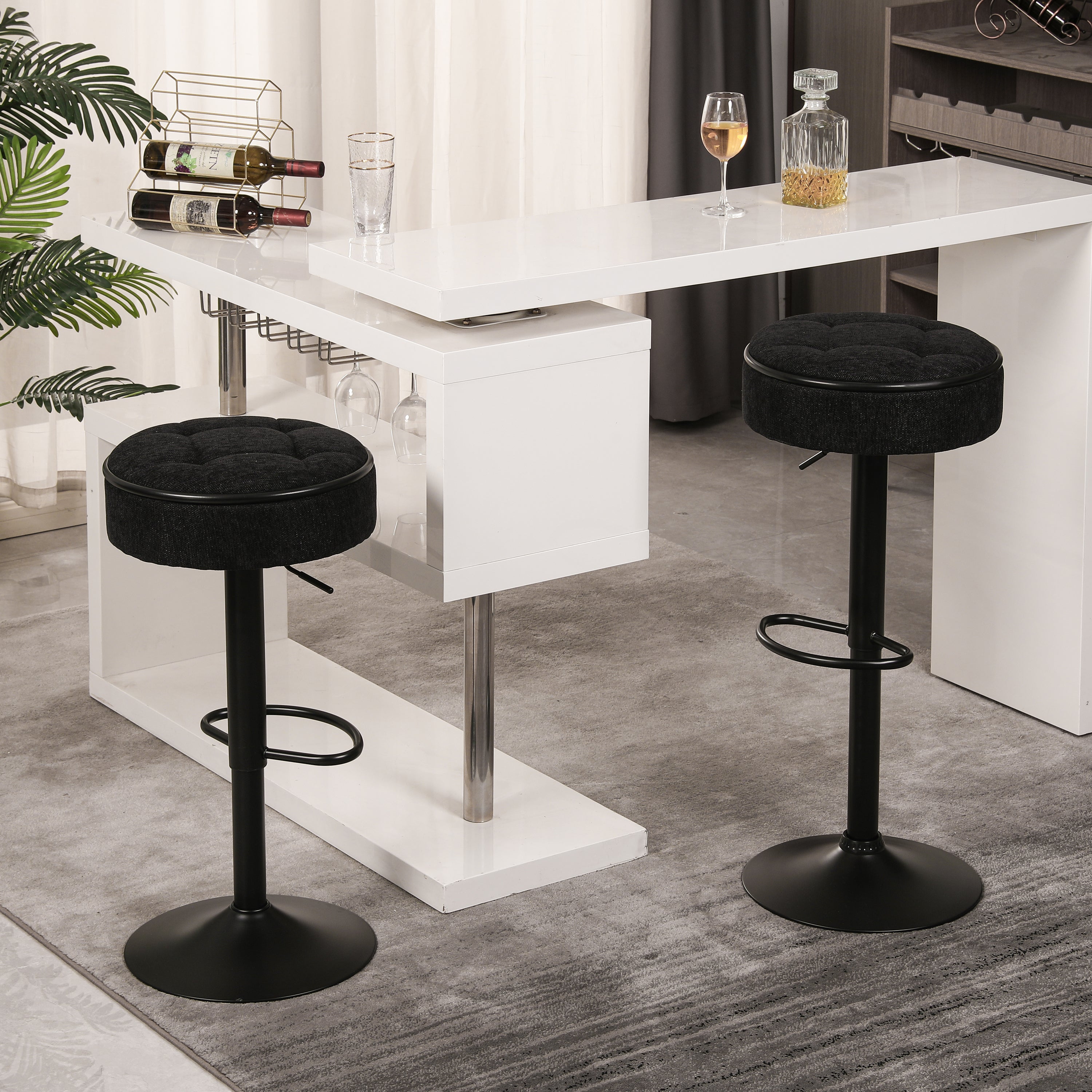 Set of 2 Round Storage Bar Stool Black Linen Height Adjustable Barstool, 360°Counter Height Swivel