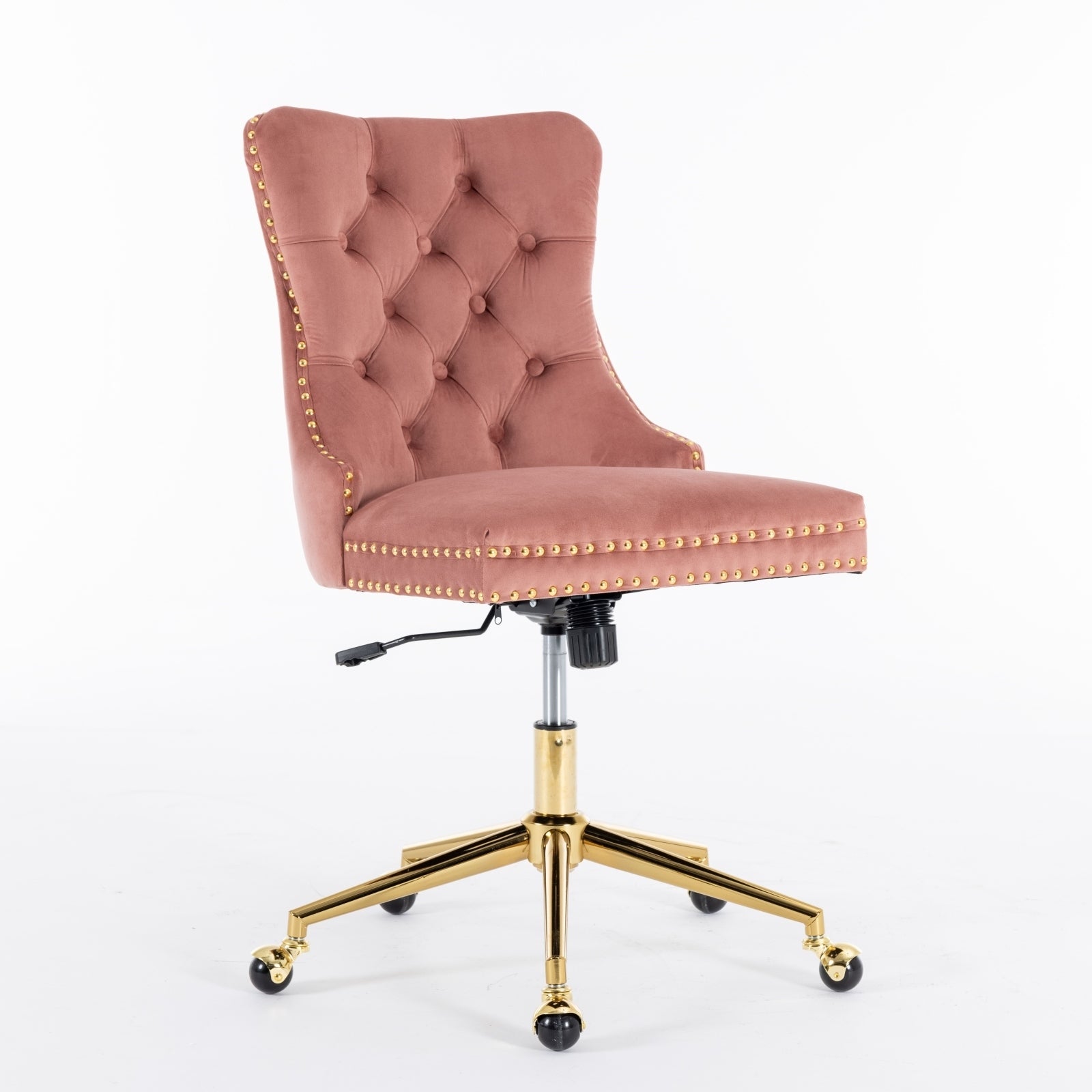 Velvet Upholstered Tufted Button Home Office Chair with Golden Metal Base, Adjustable Desk Chair Swivel Office Chair - Pink