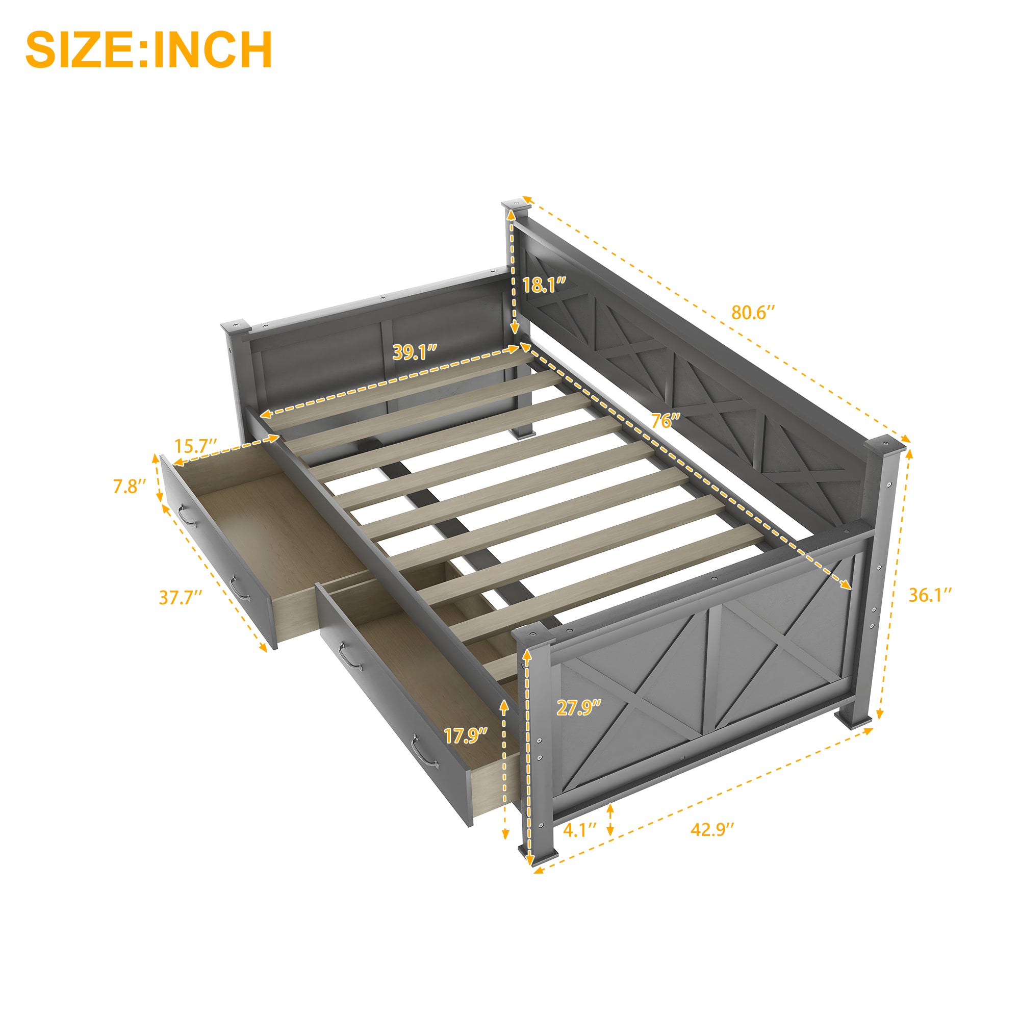 Twin Size Daybed with 2 Large Drawers, X-shaped Frame, Modern and Rustic Casual Style - Grey