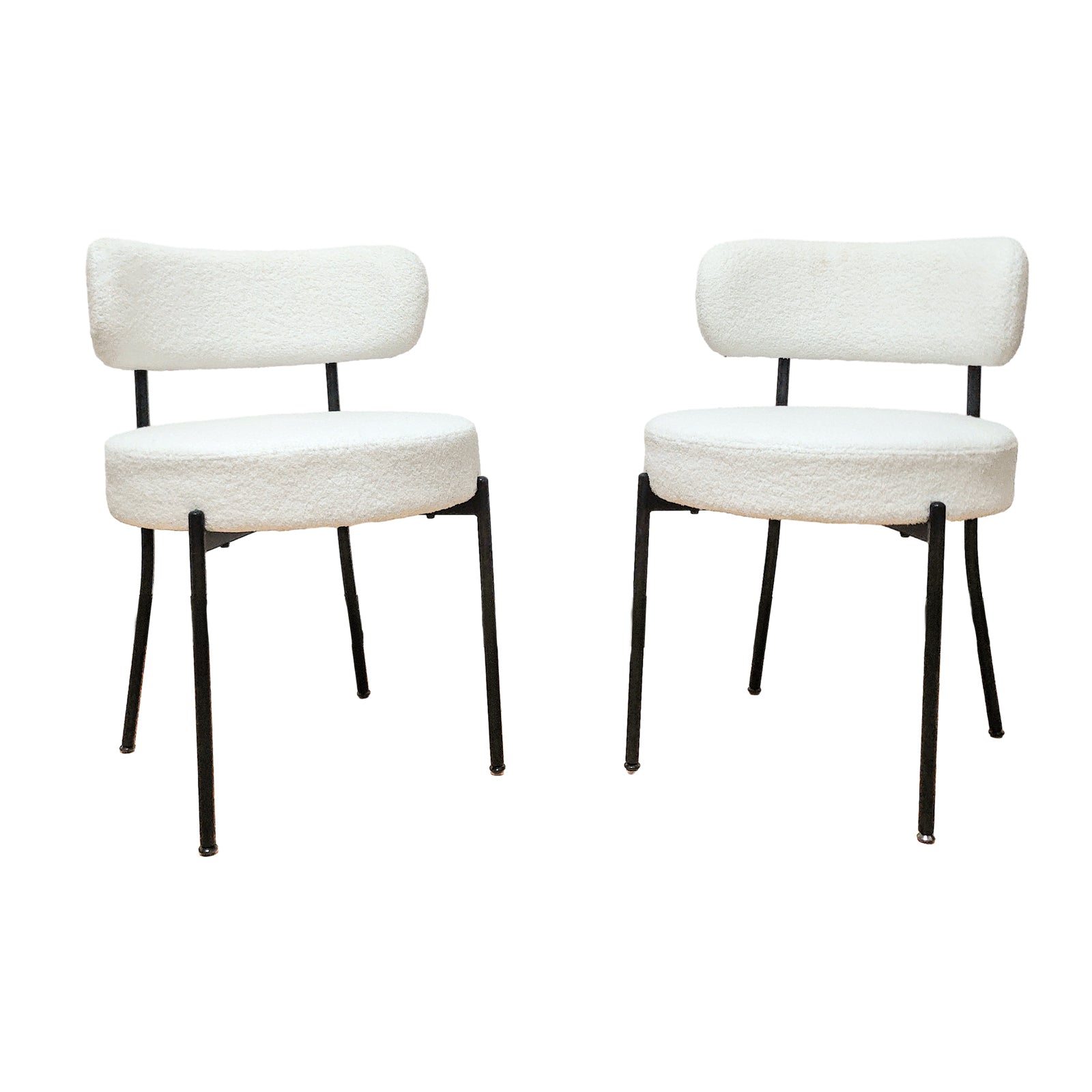 Set of 2 Dining Chairs, Mid-Century Modern, Curved Backrest Round Upholstered Boucle with Black Metal Legs