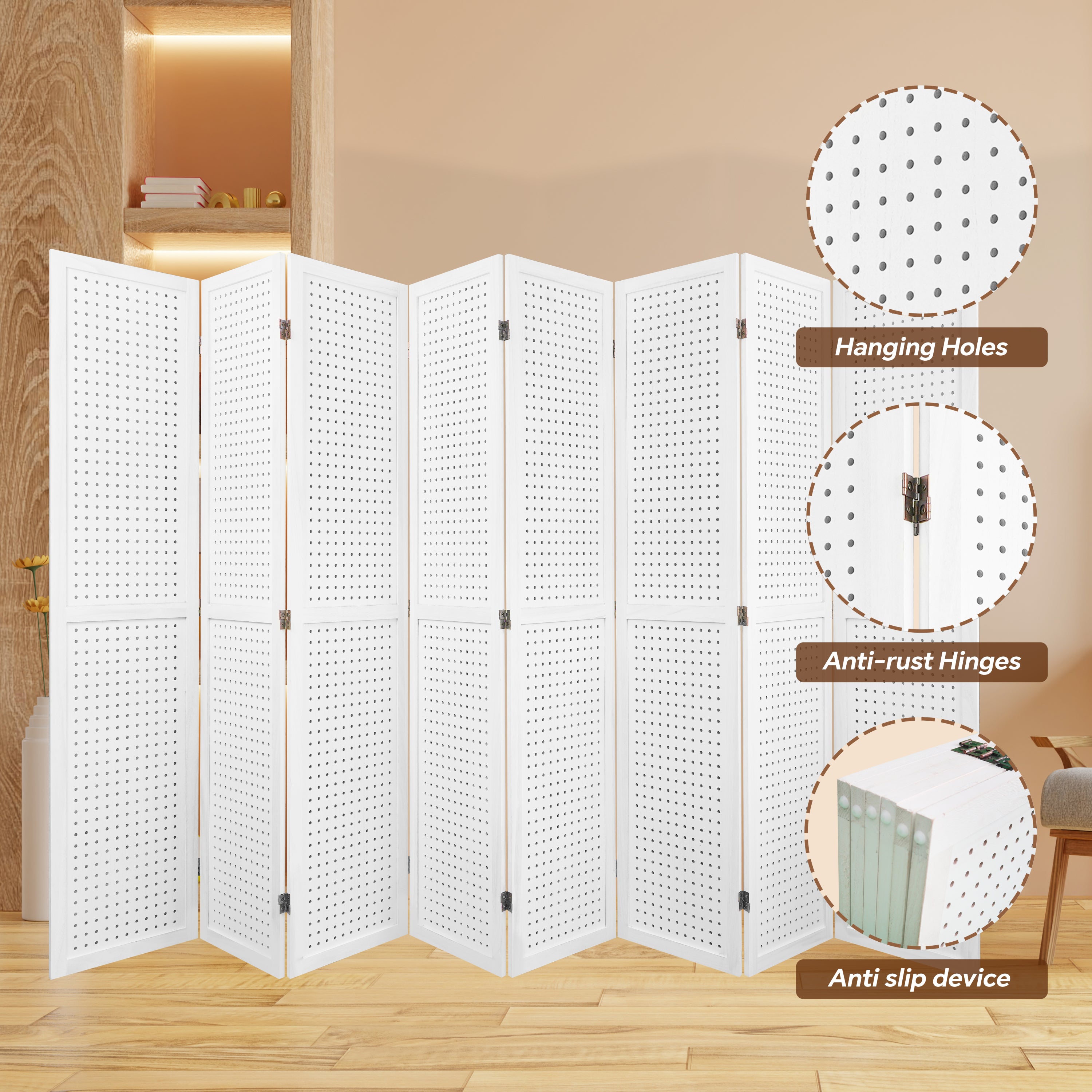 8 Panel Room Divider, 5.6Ft Pegboard Display Wooden Room Divider - Elegant White