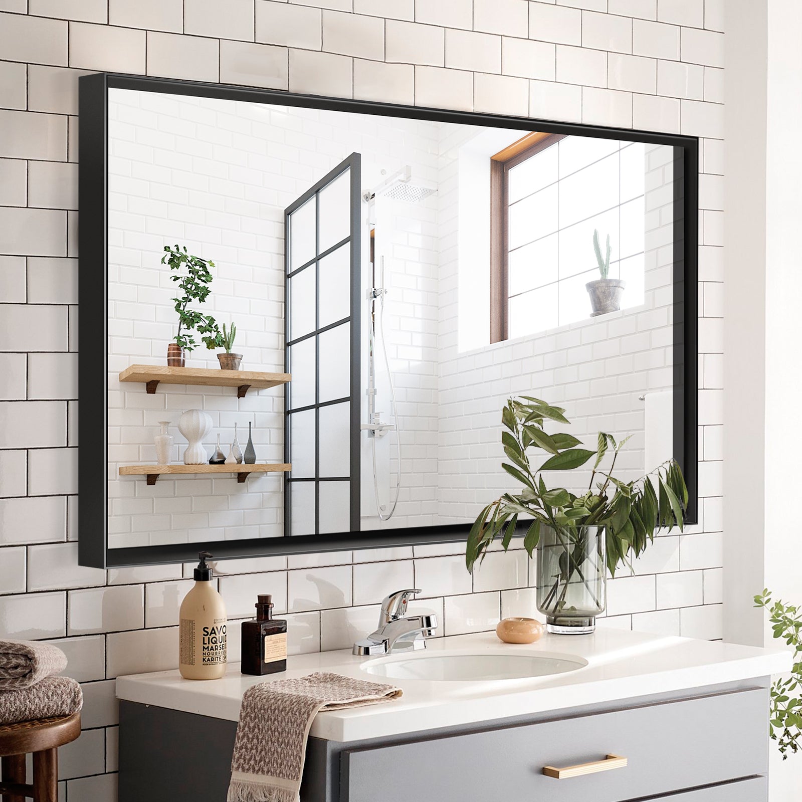 Black Rectangular Bathroom Mirror Square Angle Metal Frame 36x24inch (Horizontal & Vertical)