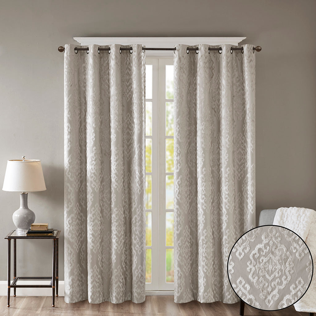 50x95" Knitted Jacquard Damask Total Blackout Grommet Top Curtain Panel - Silver