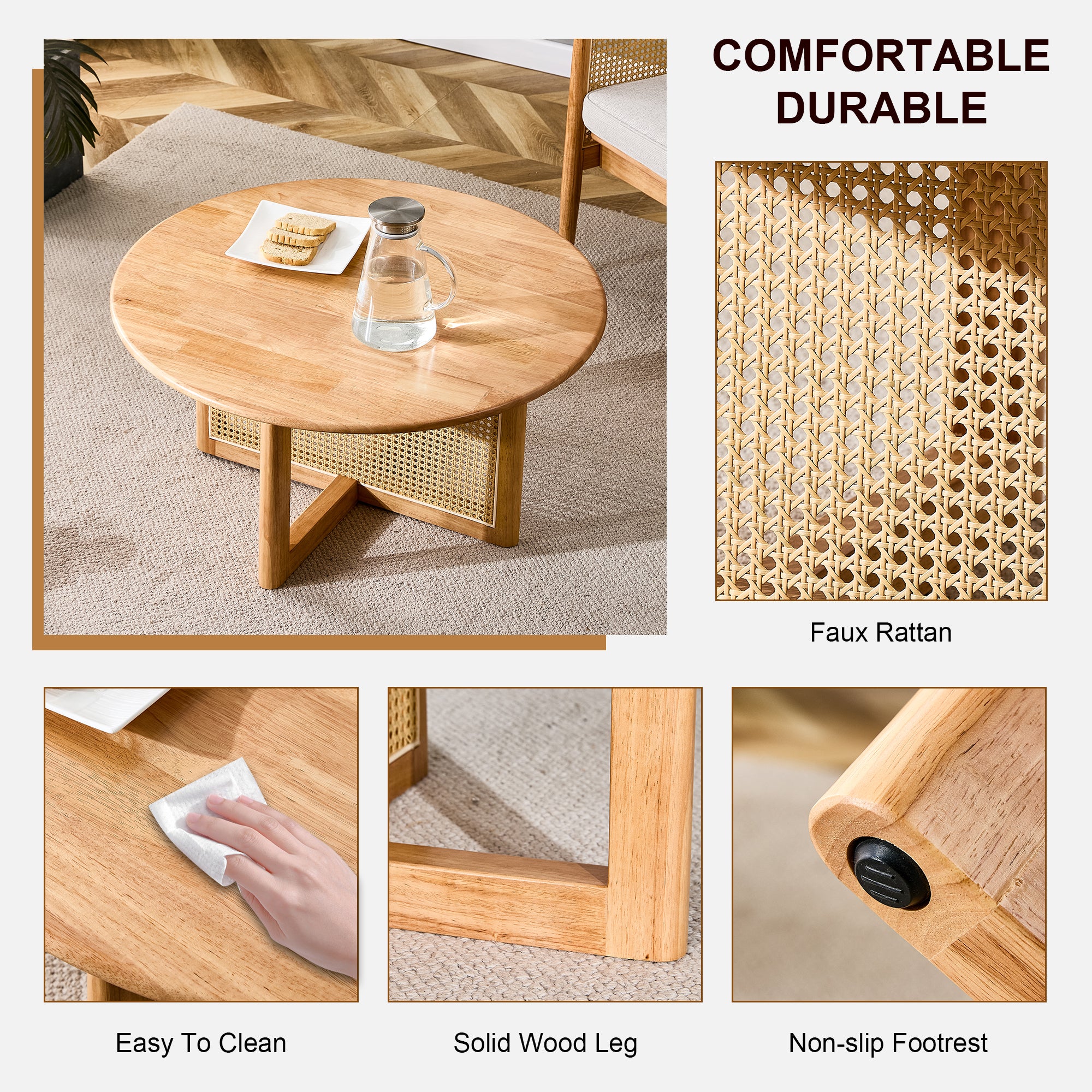 Naturally Elegant Wooden Coffee Table with Faux Rattan Accents