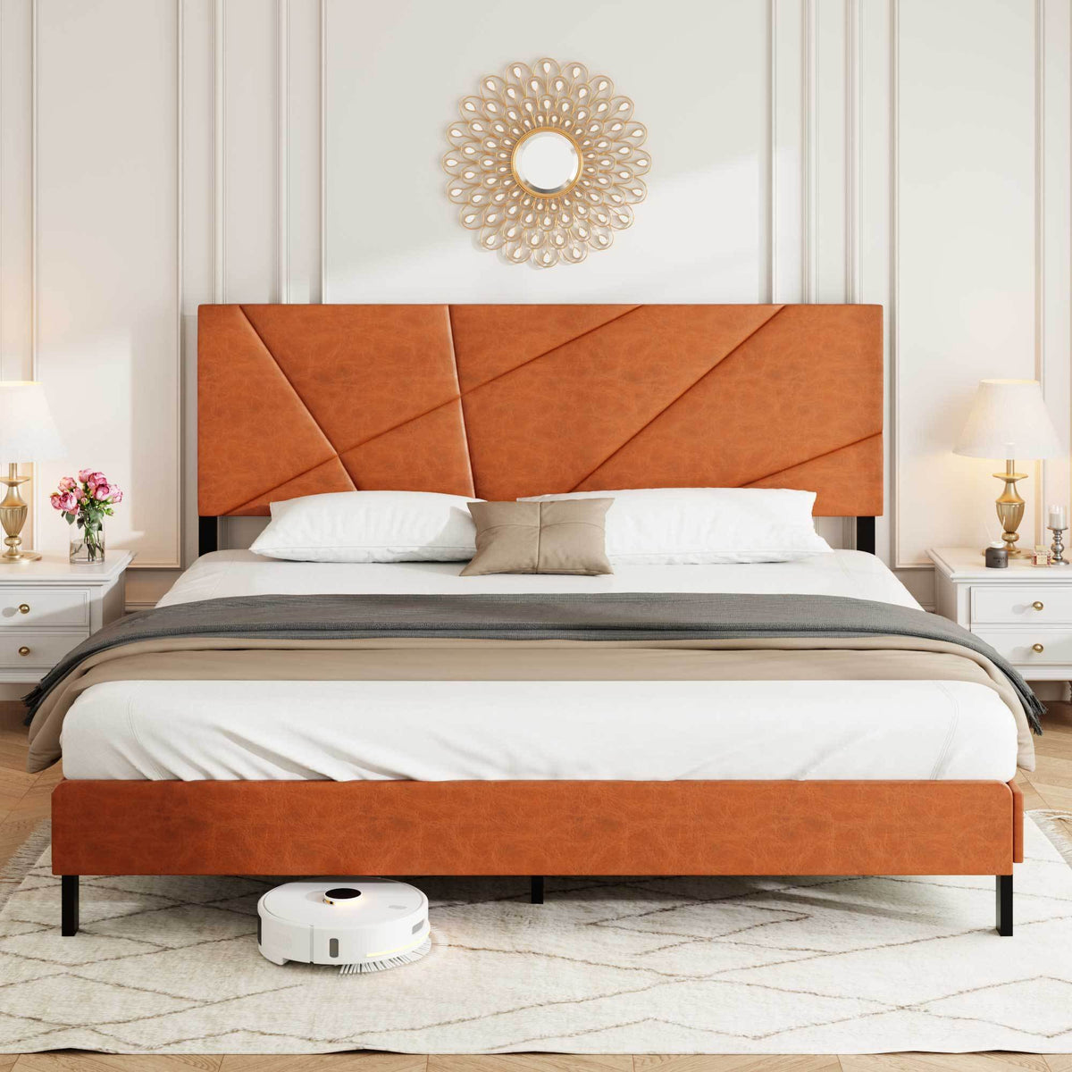 King size metal bed frame, square platform bed with under-bed storage, no spring-loaded mattress required, vintage brown