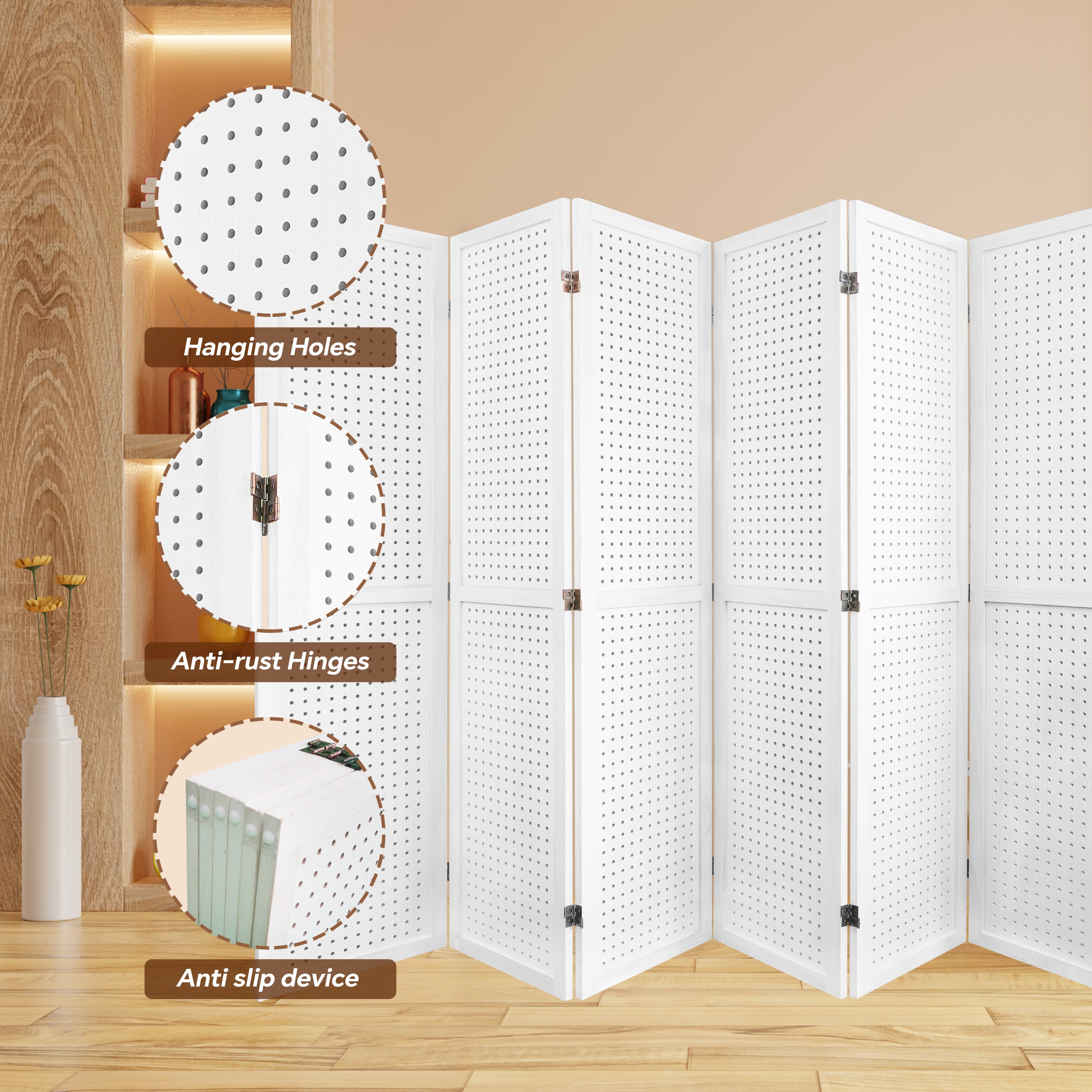 6 Panel Room Divider, 5.6Ft Pegboard Display Wooden Room Divider Folding Privacy Screen Room Divider - Elegant White