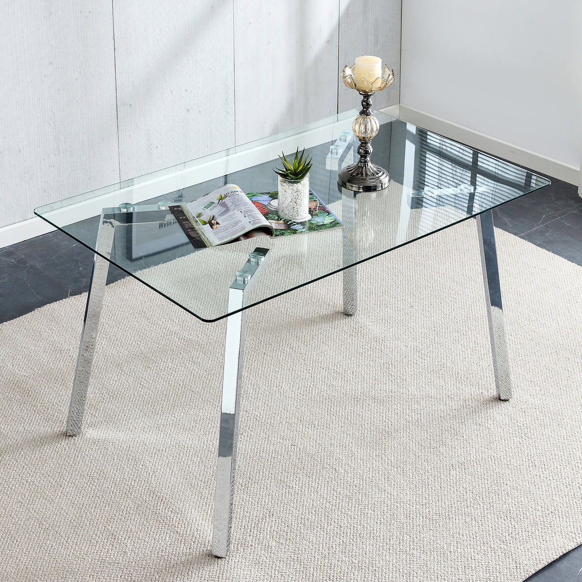 Glass Dining Table Modern Minimalist Rectangular  for 4-6 with 0.31' Tempered Glass Tabletop and plating Metal Legs, Writing Table Desk, for Kitchen Dining Living Room, 51' W x 31'D x 30' H 1123