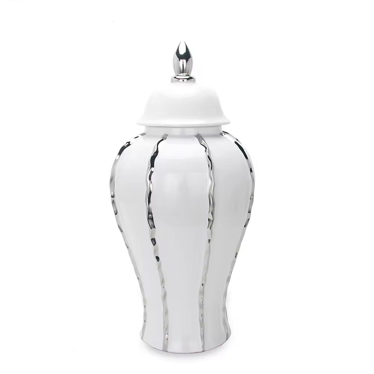15"H White Ginger Jar with Silver Ornament