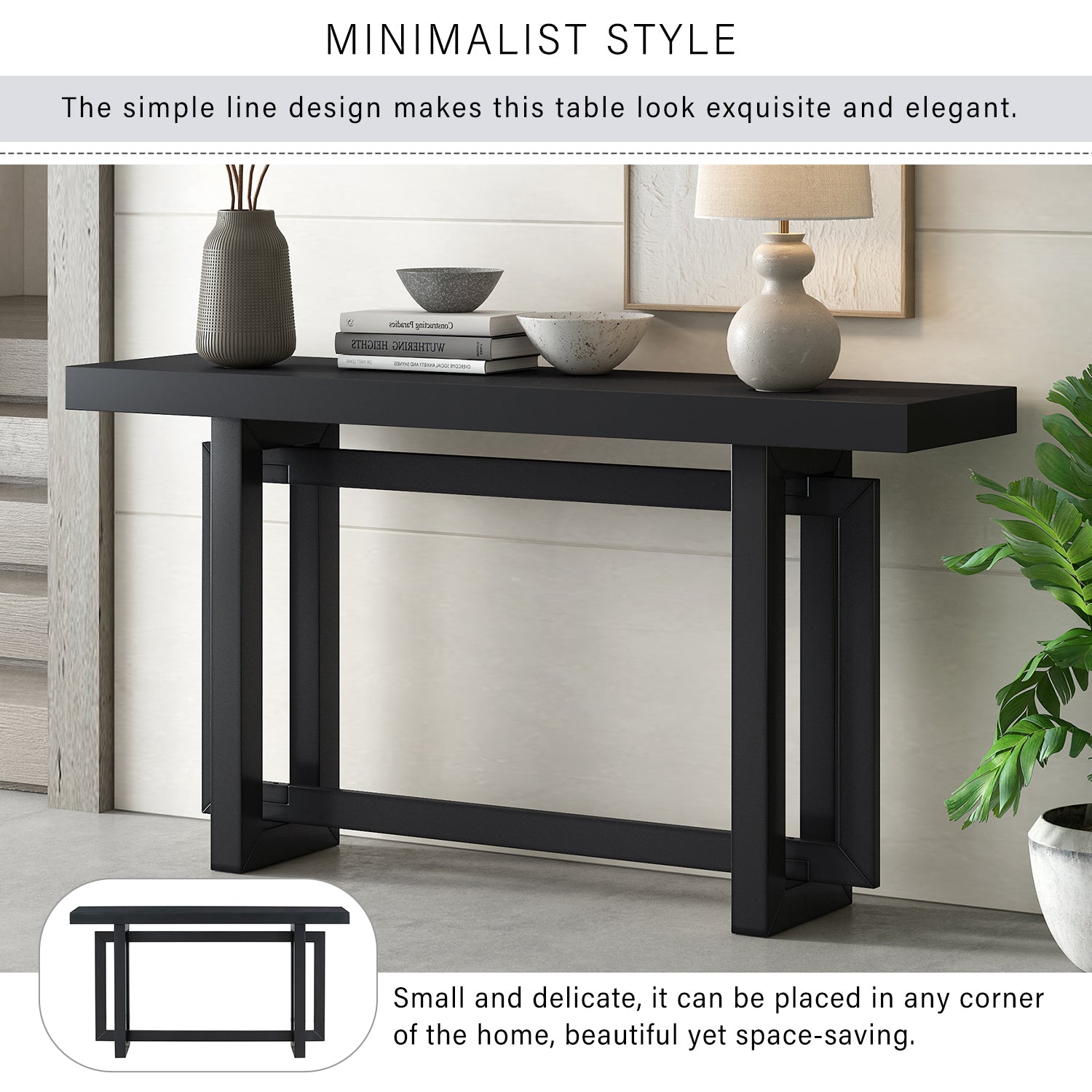 Contemporary Console Table with Industrial-inspired Concrete Wood Top, Extra Long Entryway Table for Entryway - Black