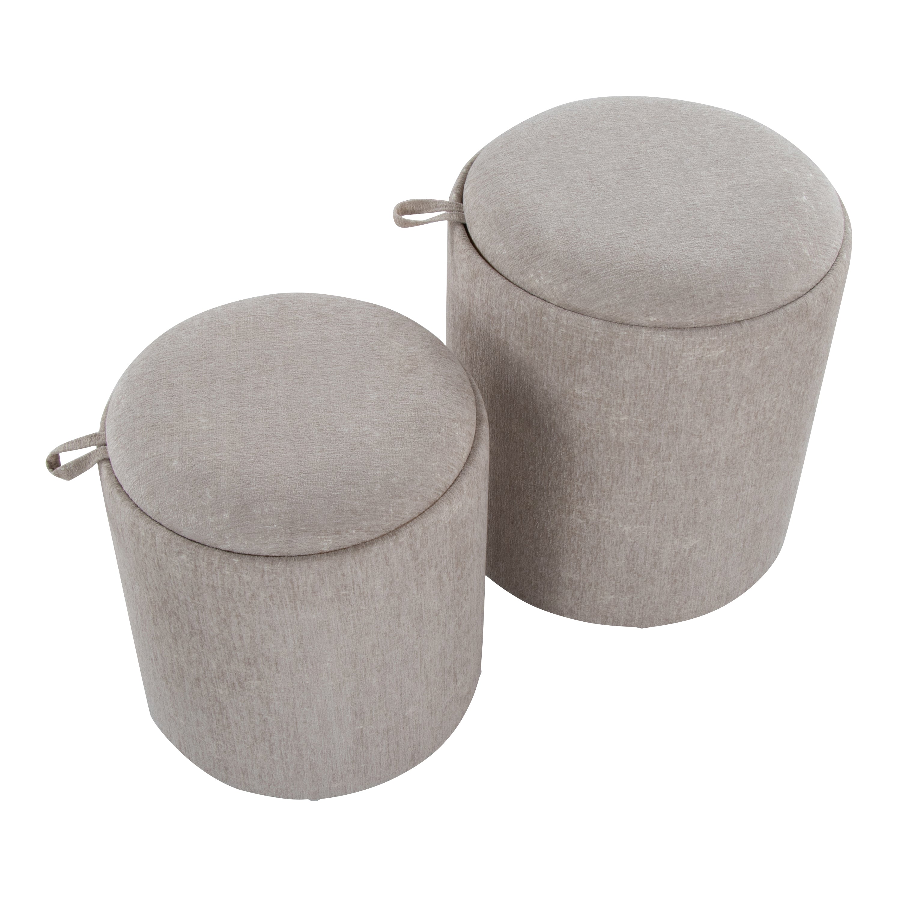 Tray Contemporary Nesting Ottoman Set in Light Brown Fabric and Natural Wood
