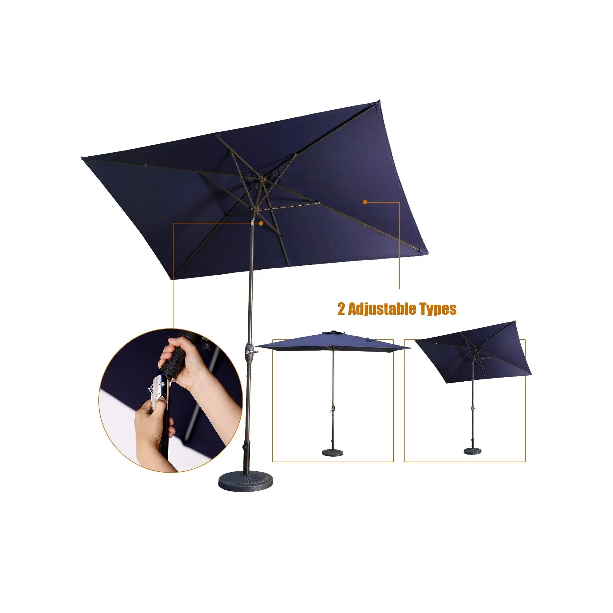 Rectangular Patio Umbrella 6.5 ft. x 10 ft. with Tilt, Crank and 6 Sturdy Ribs for Deck, Lawn, Pool Navy Blue