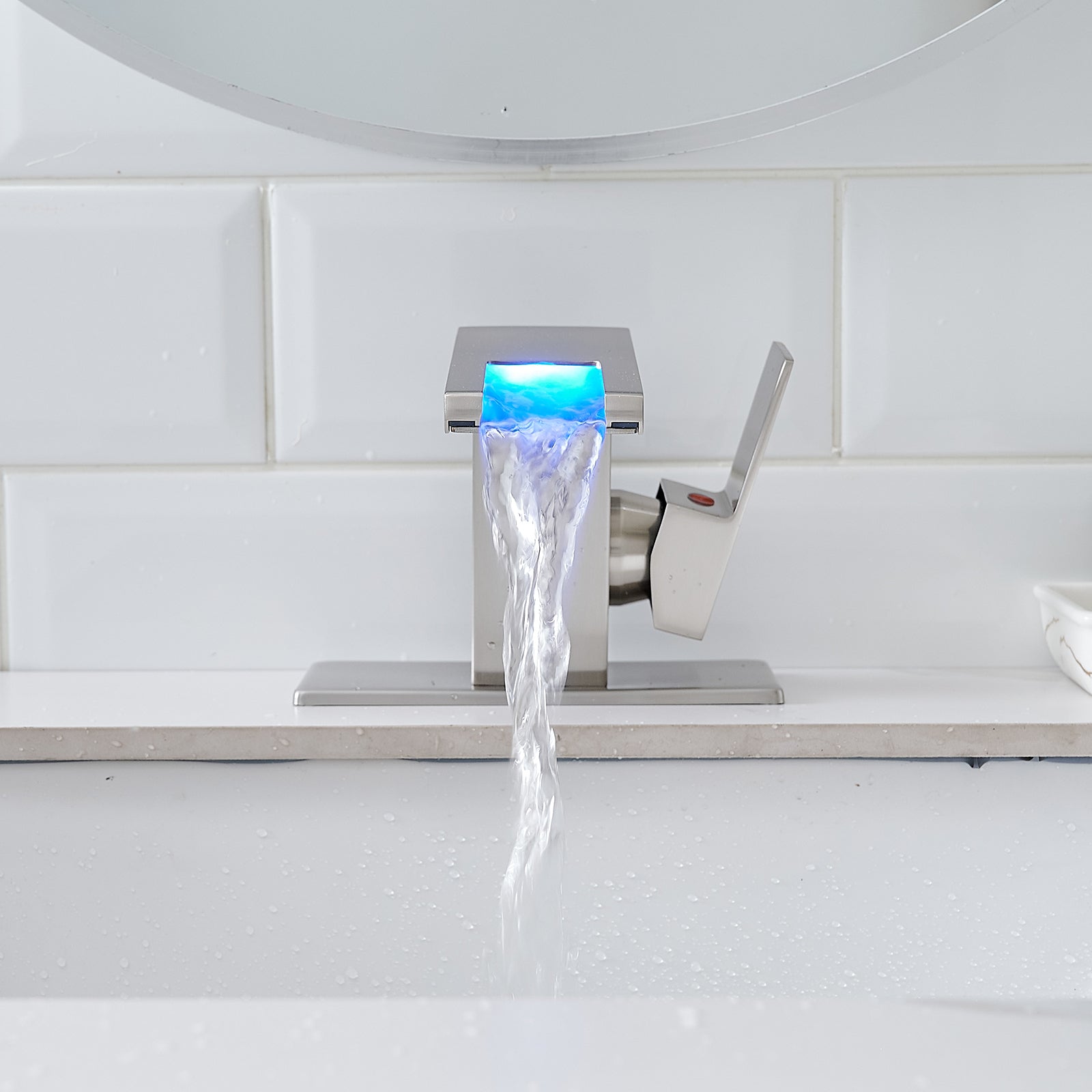 Bathroom Sink Faucet LED Light 3 Colors Changing Waterfall Glass  - Brushed Nickel