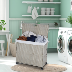 Laundry Hamper With Lid PE Rattan Powder Coating Frame Clothes Hampers with 2 Removable Bags, Wheels, 160L, Light Grey