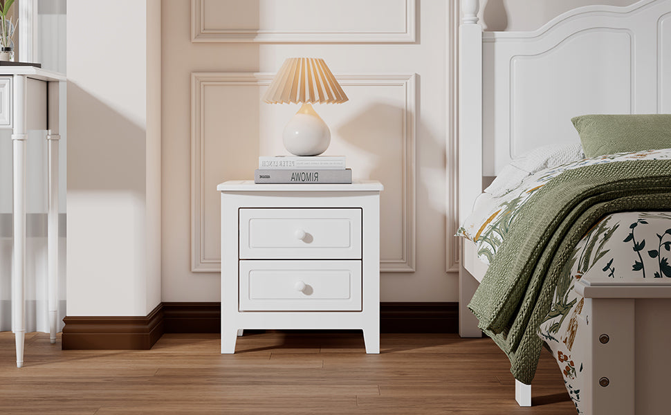 Mid Century Retro Bedside Table with Classic Design 2-Drawer Nightstand - White