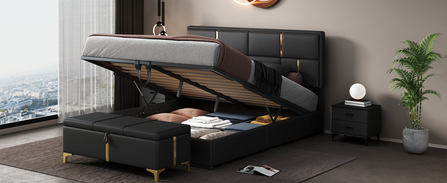 2-Pieces Bedroom Sets: Queen Size Upholstered Platform Bed + Storage Ottoman - Black