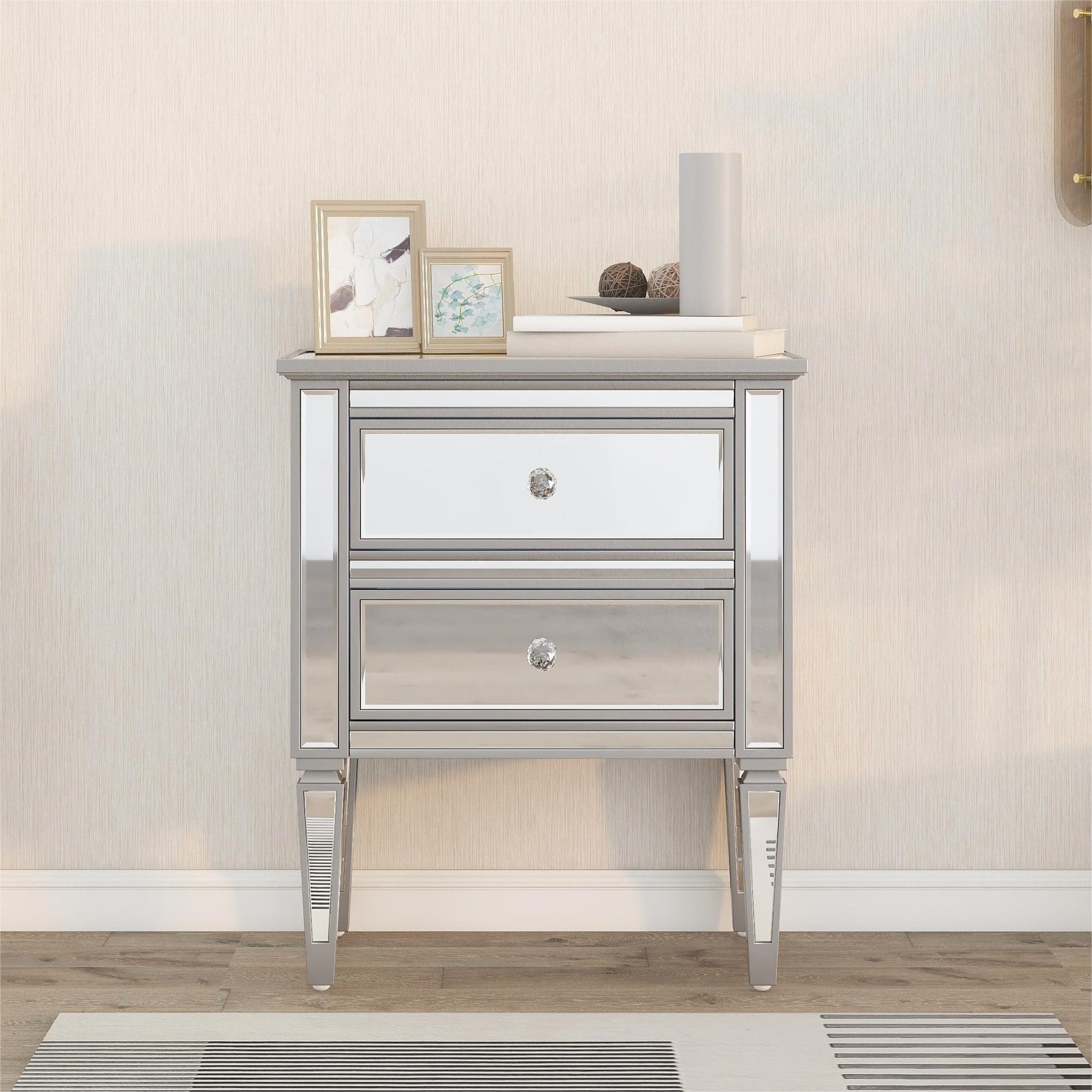 Elegant Mirrored Side Table with 2 Drawers, Modern Silver Finished