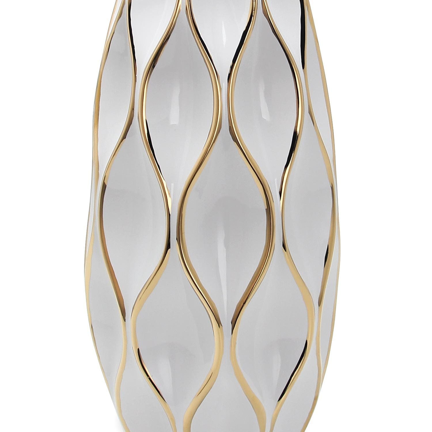 18"H Elegant White Ceramic Vase with Gold Accents