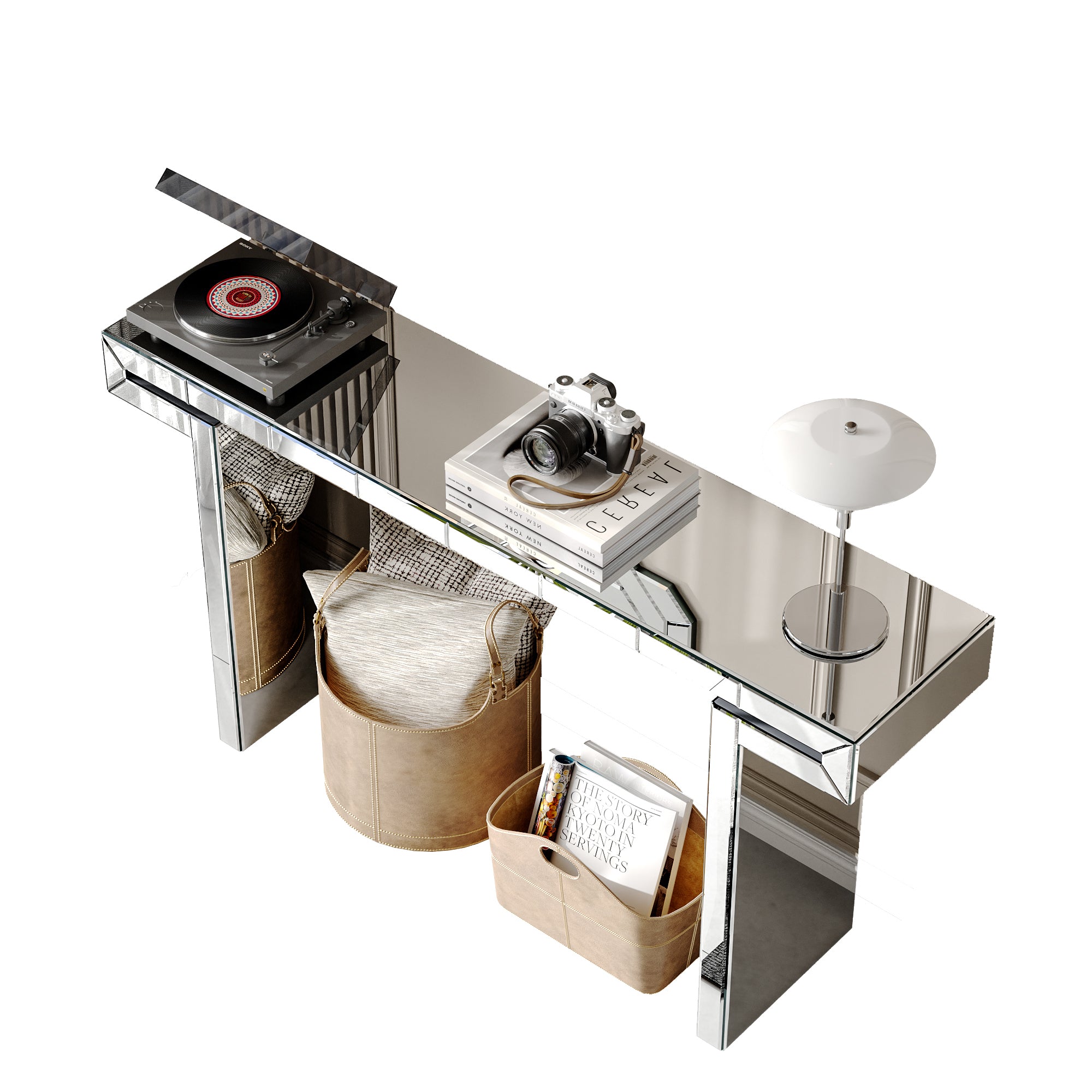 60 Inches Luxury Full-Length Mirror Console Table with Fluted Tempered Glass, Entryway Mirrored Sofa Table, Light Luxury Style, Scratch-Resistant, Reinforced Packaging