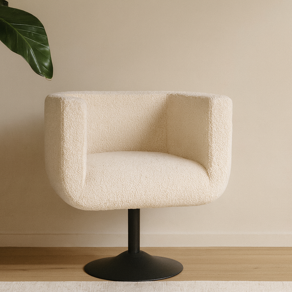 Cream Boucle Upholstered Swivel Chair, Beige and Black