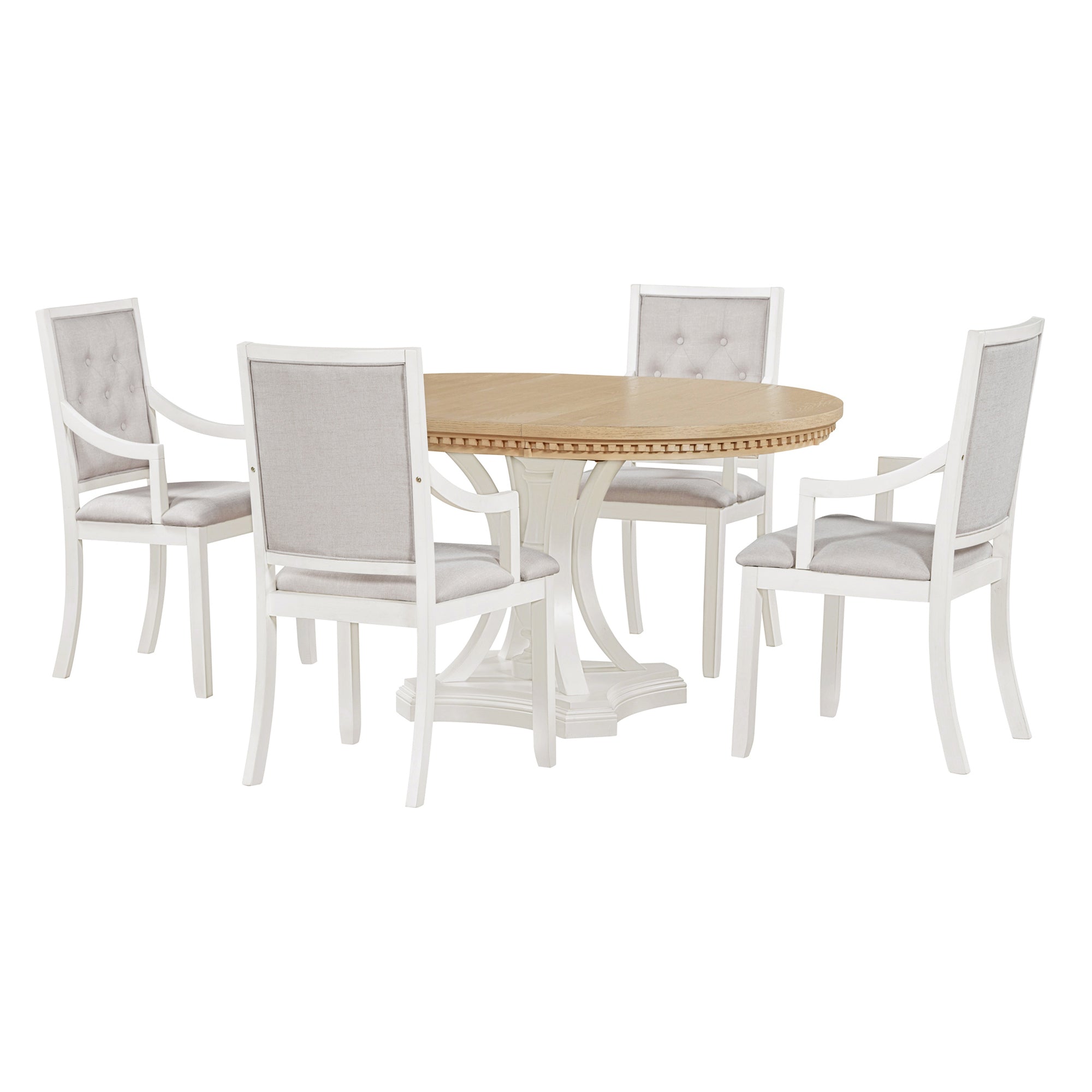 Retro 5-piece Dining Set Extendable Round Table and 4 Chairs - Oak Natural Wood + Antique White