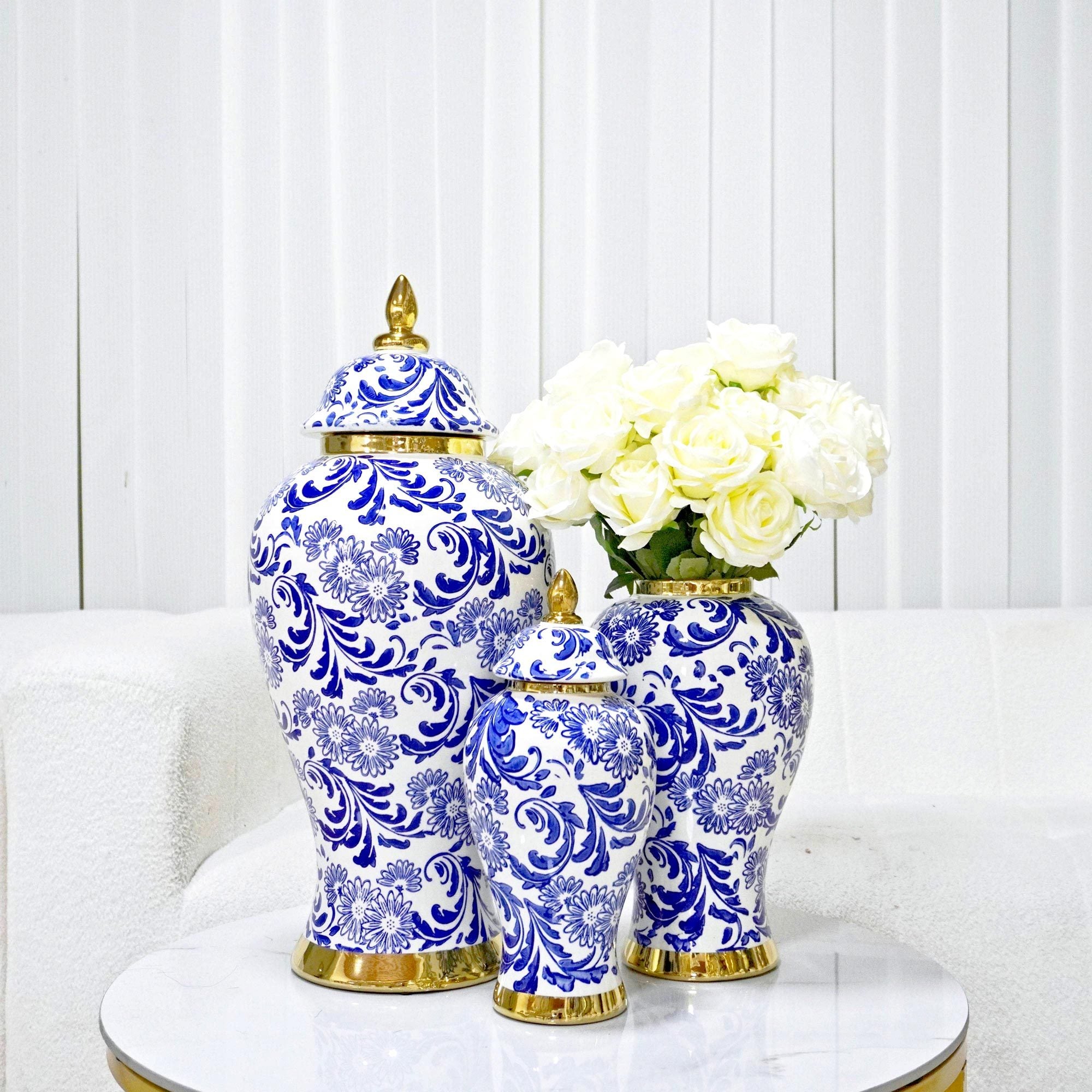 18"H White Ceramic Ginger Jar Vase with Blue & Gold Accents and Removable Lid