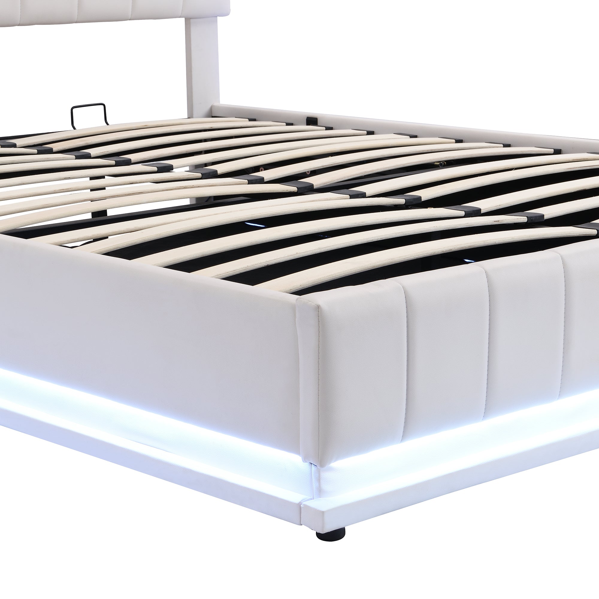 Queen Size Upholstered Bed with Hydraulic Storage System and LED Light, Modern Platform Bed with Sockets and USB Ports - White