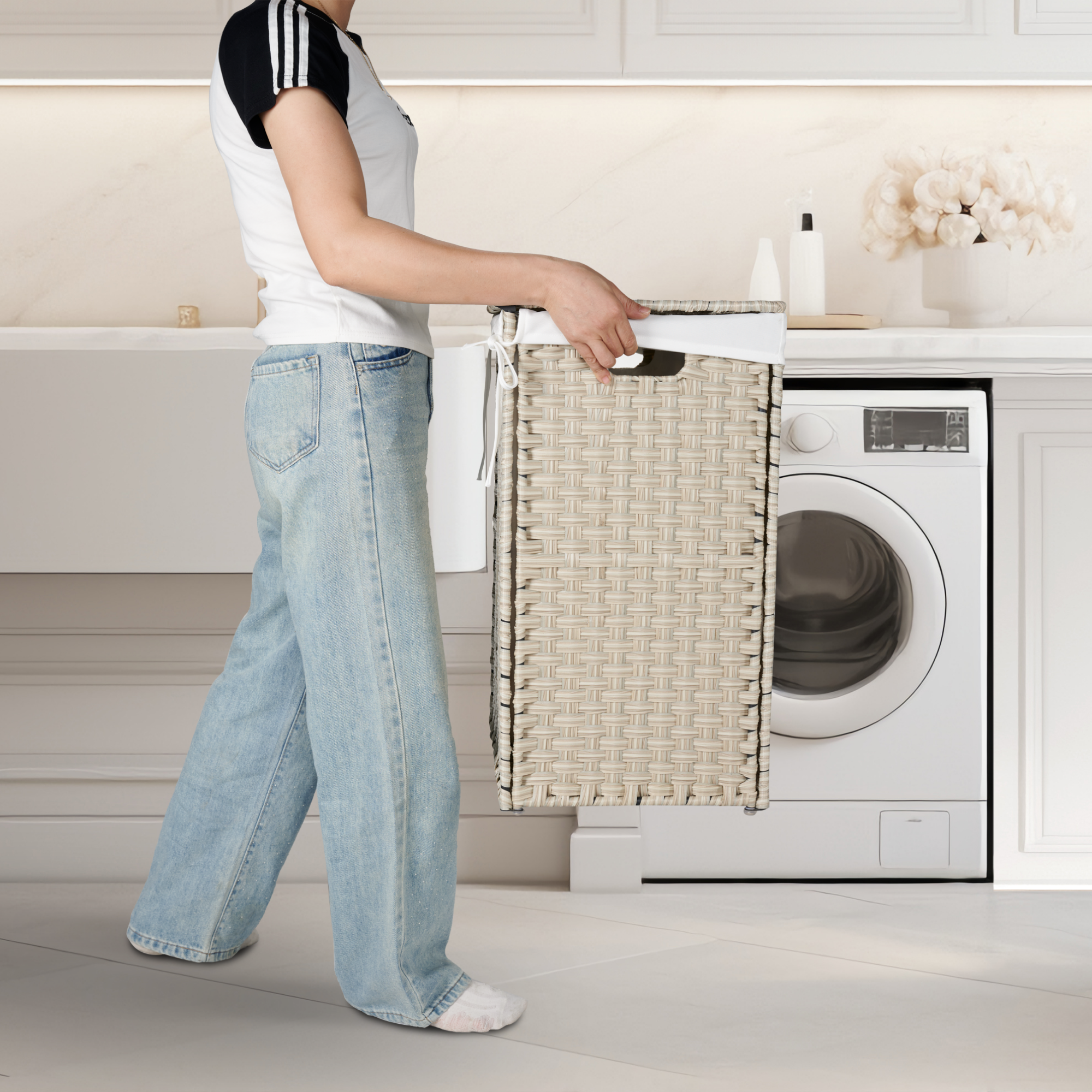Laundry Hamper With Lid PE Rattan Powder Coating Frame Clothes with 2 Removable Bags, 100L - Light Grey