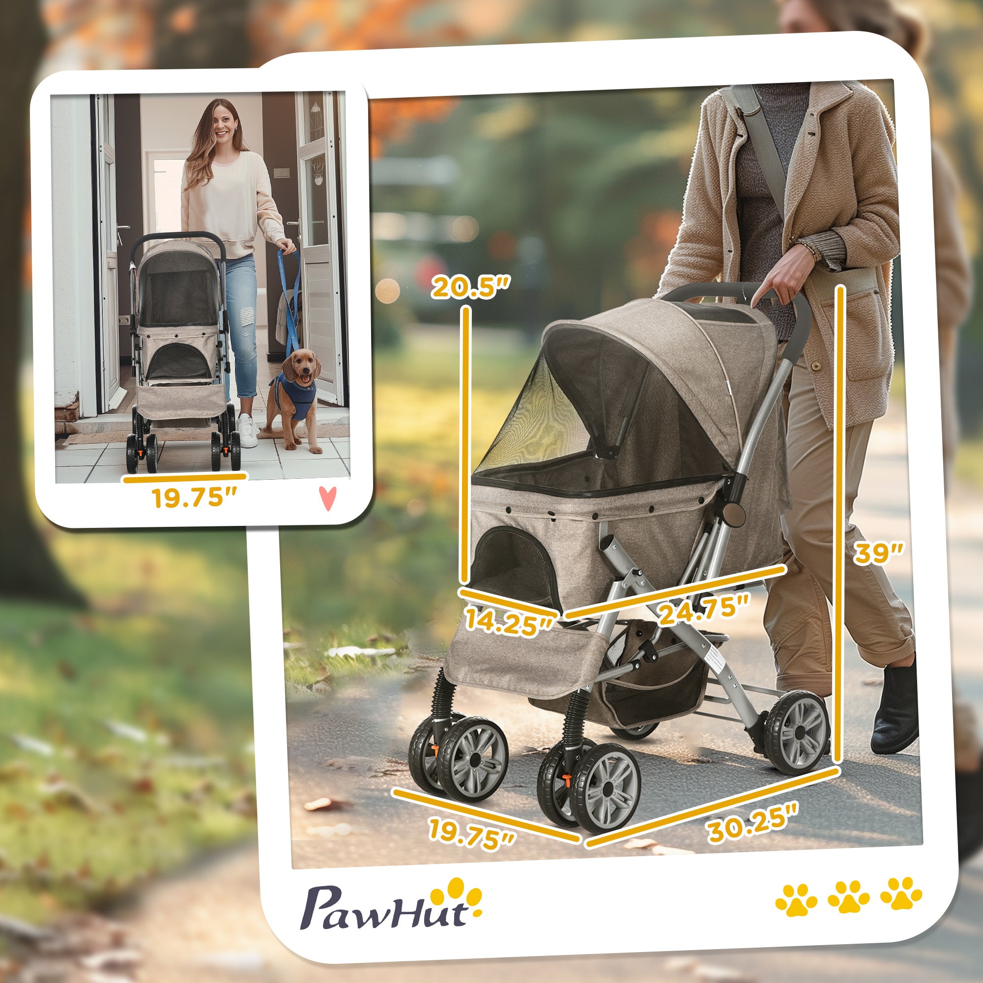 Dog/Pet Stroller for Small Dogs/Cats, 4 Wheels One-Click Fold with Swivel Wheels, Brake, Basket Storage, Safety Belts, Adjustable Canopy, Zippered Mesh Window Door, Brown
