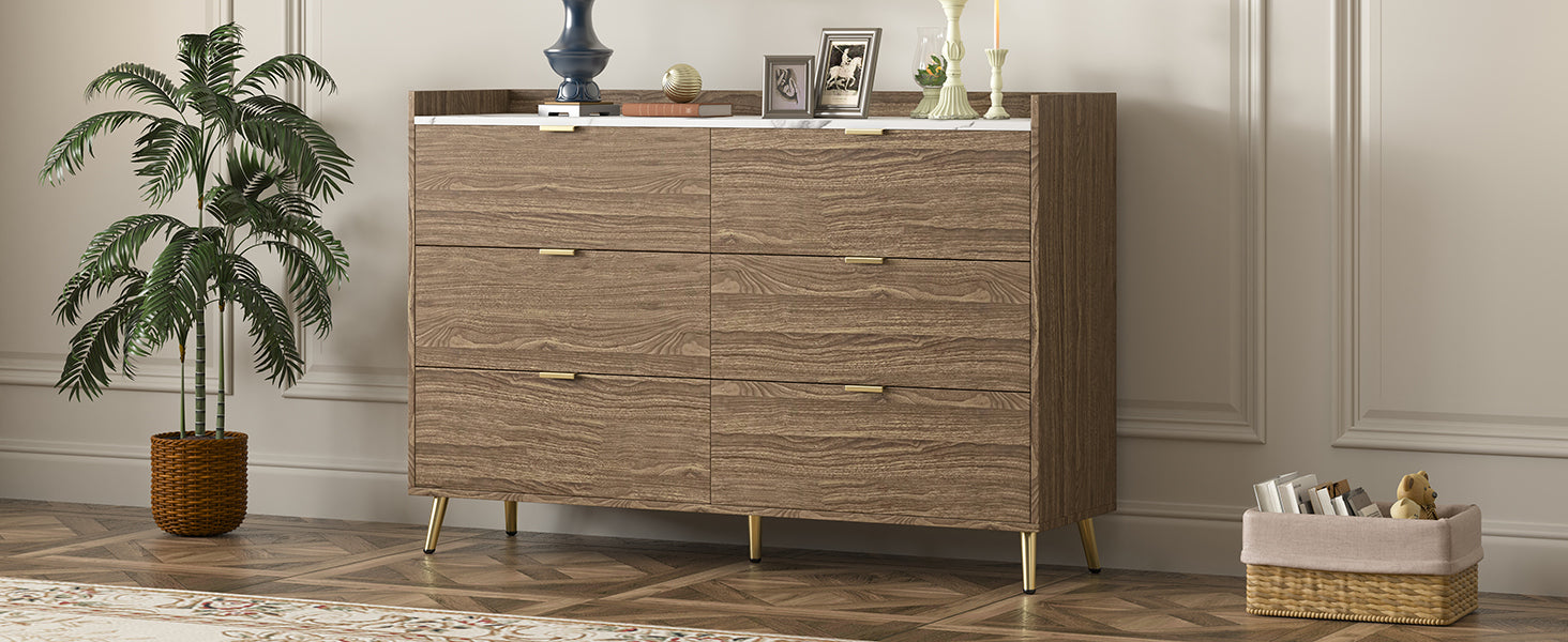 55" Long 6 Drawer Dresser with Marbling Worktop, Mordern Storage Cabinet with Metal Leg and Handle - Walnut