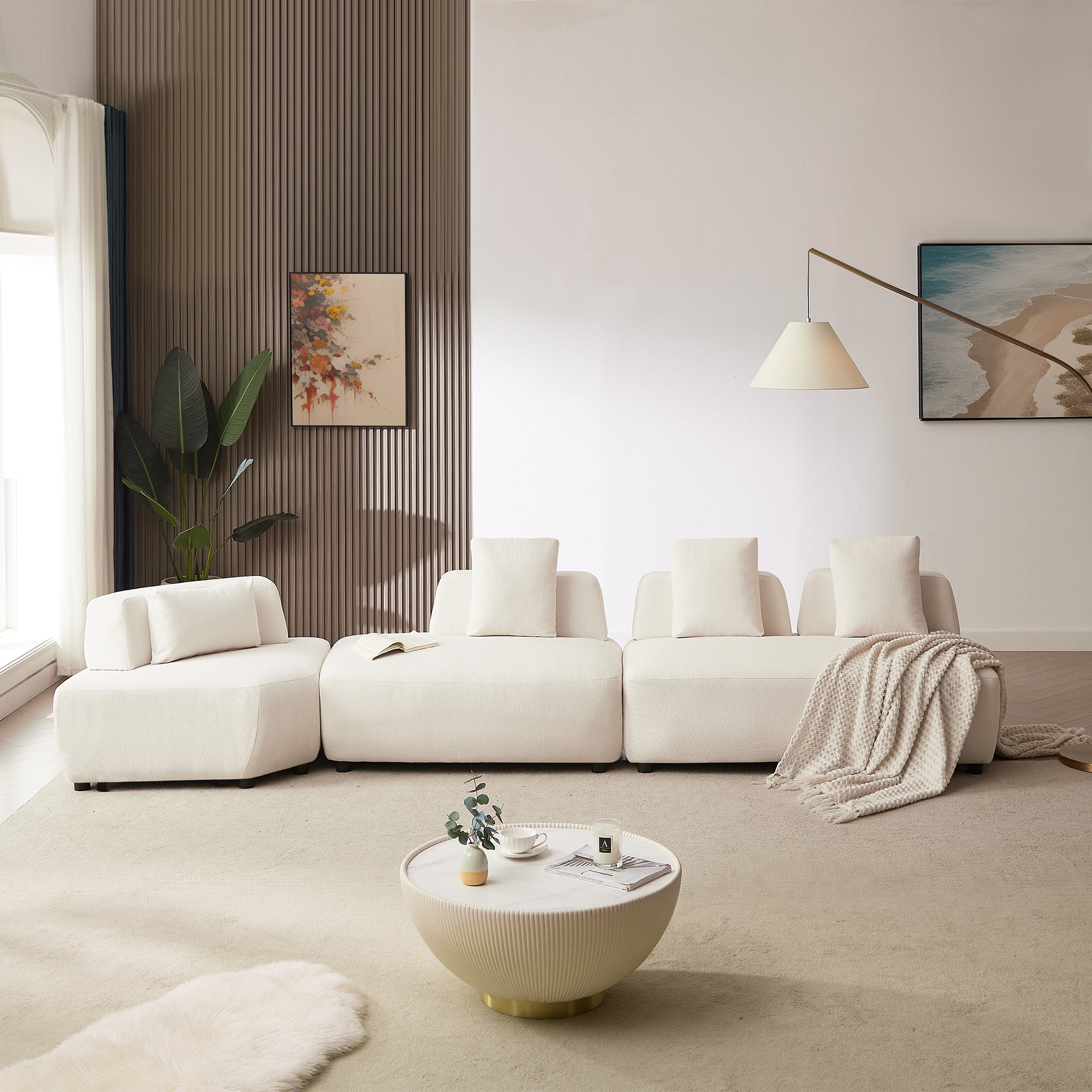 Contemporary 3-piece Sectional Sofa Free Convertible sofa with Four Removable Pillows - Beige