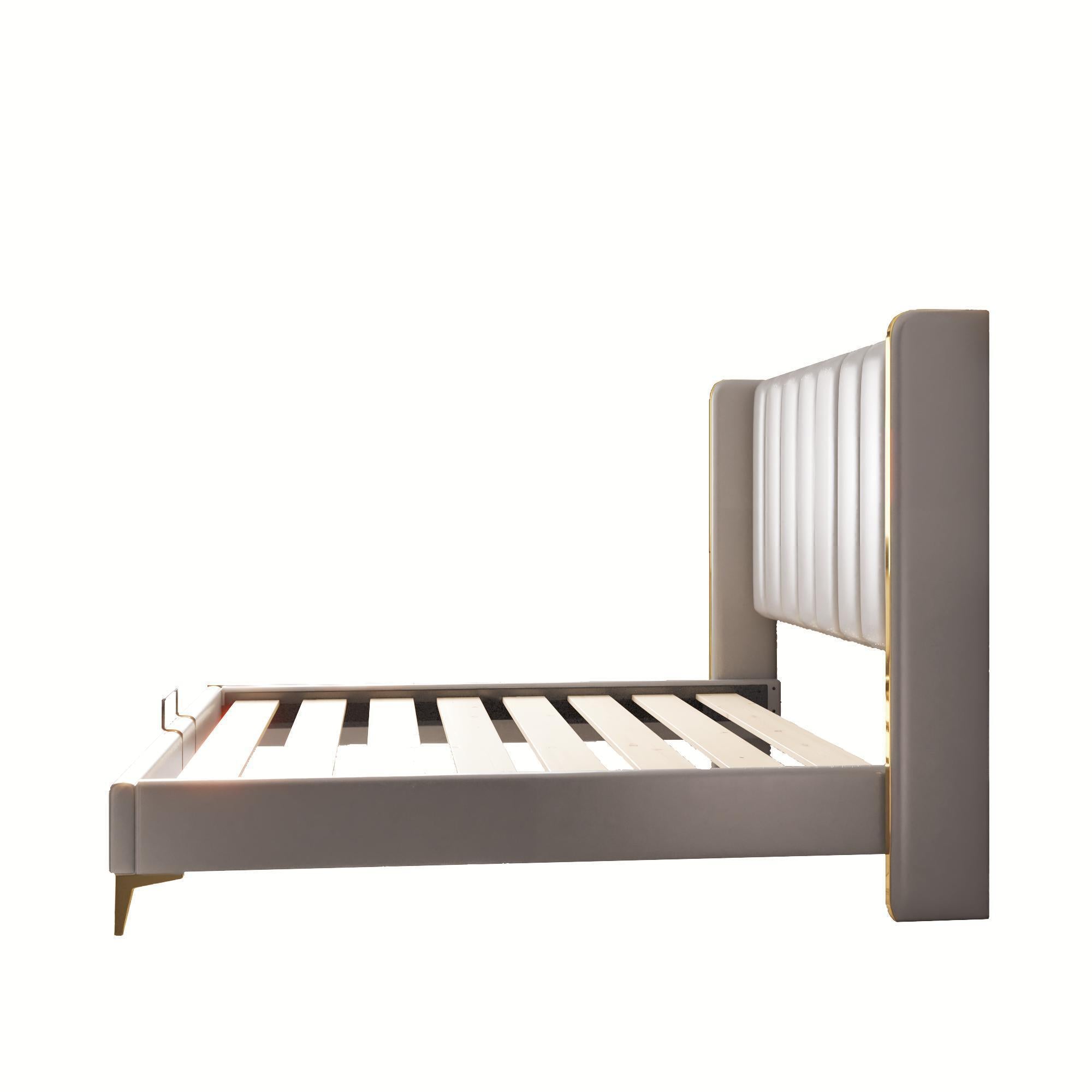 King Size Bed Frame, 56" Tall Headboard Channel Tufted Upholstered - Light Grey
