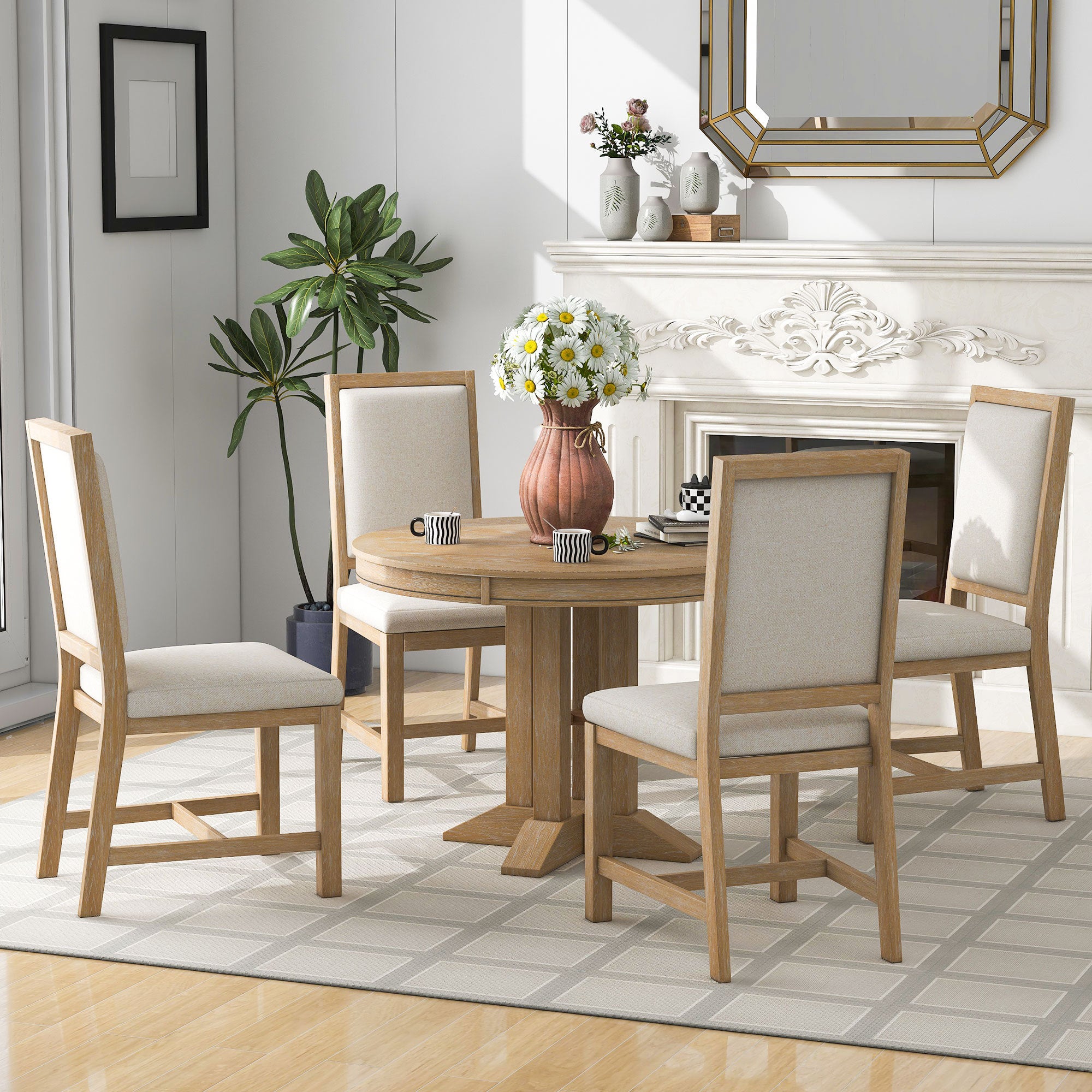 5-Piece Dining Set Extendable Round Table and 4 Chairs Farmhouse Dining Set - Natural Wood Wash
