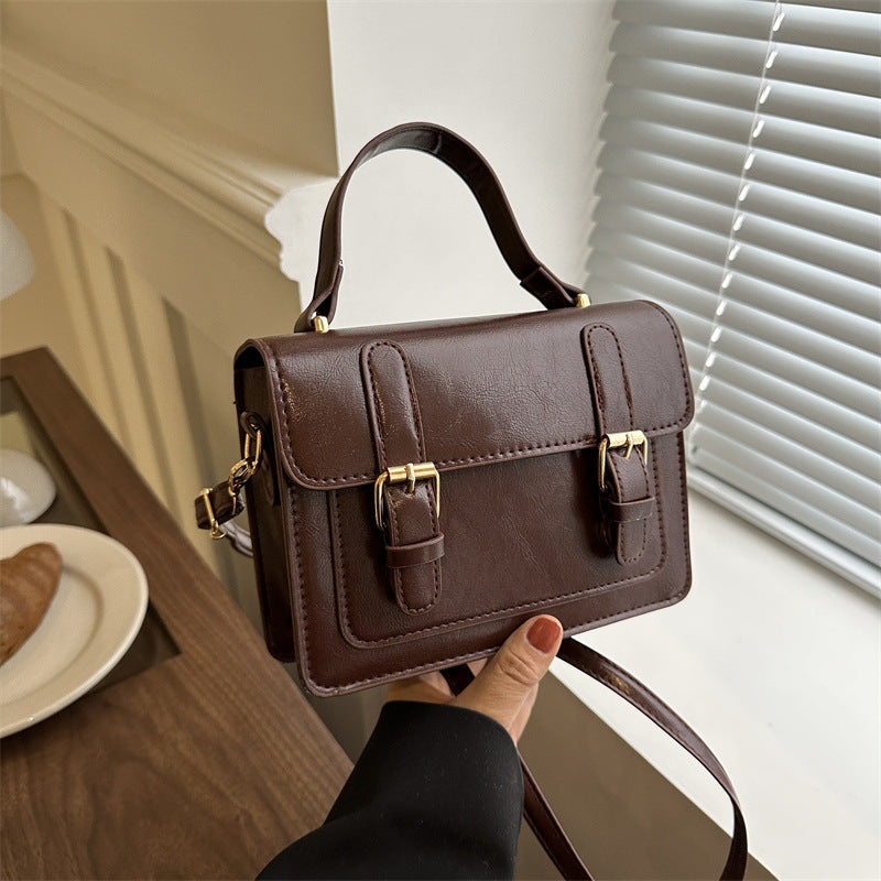 Classic Vintage Satchel Crossbody Handbag, Faux Leather, Double Buckle Design