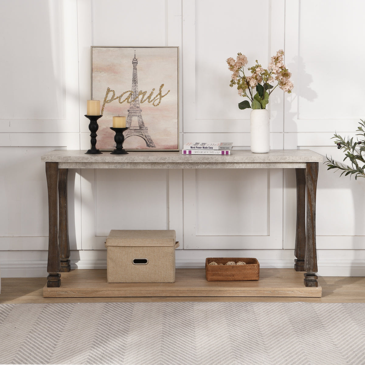 Mid-Century Console Table for Entryway, Wood sofa Table with 2-Tier Storage Shelf, 48 inch Long Rectangle -Grey Tabletop