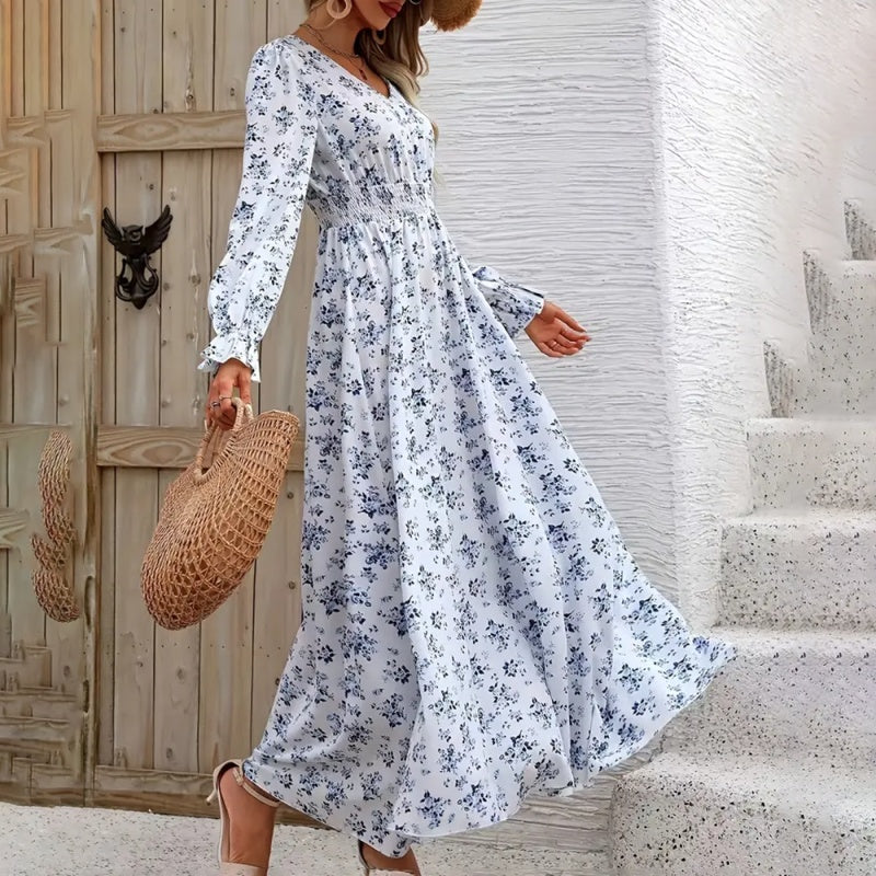 Women's Floral Damask Print Maxi Dress, V-Neck, Long Sleeve, A-Line