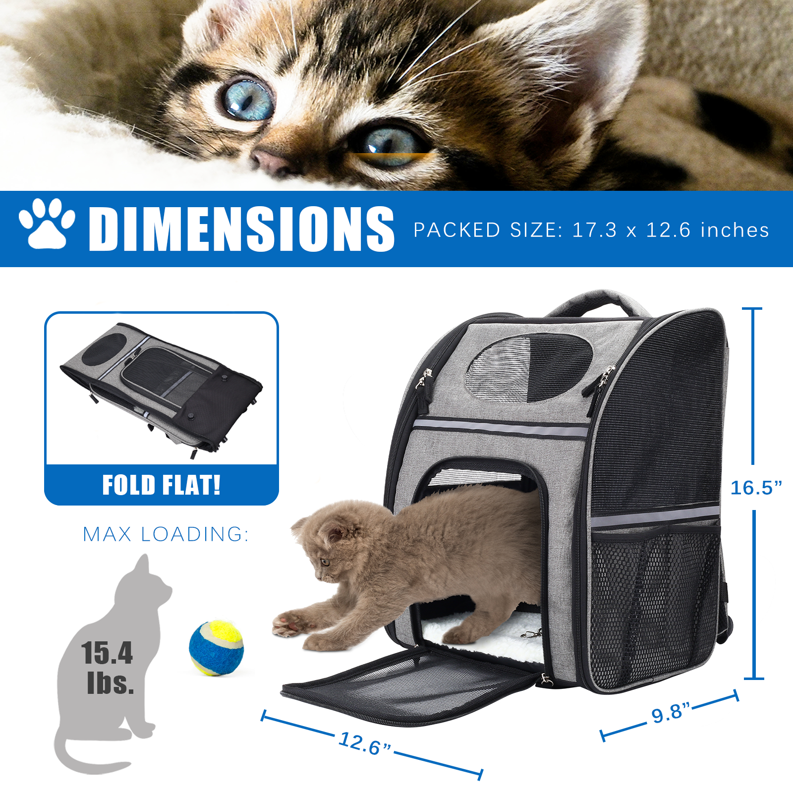 FluffyDream Pet Carrier Backpack for Large/Small Cats and Dogs, Puppies, Safety Features and Cushion Back Support for Travel, Hiking, Outdoor Use-  Black