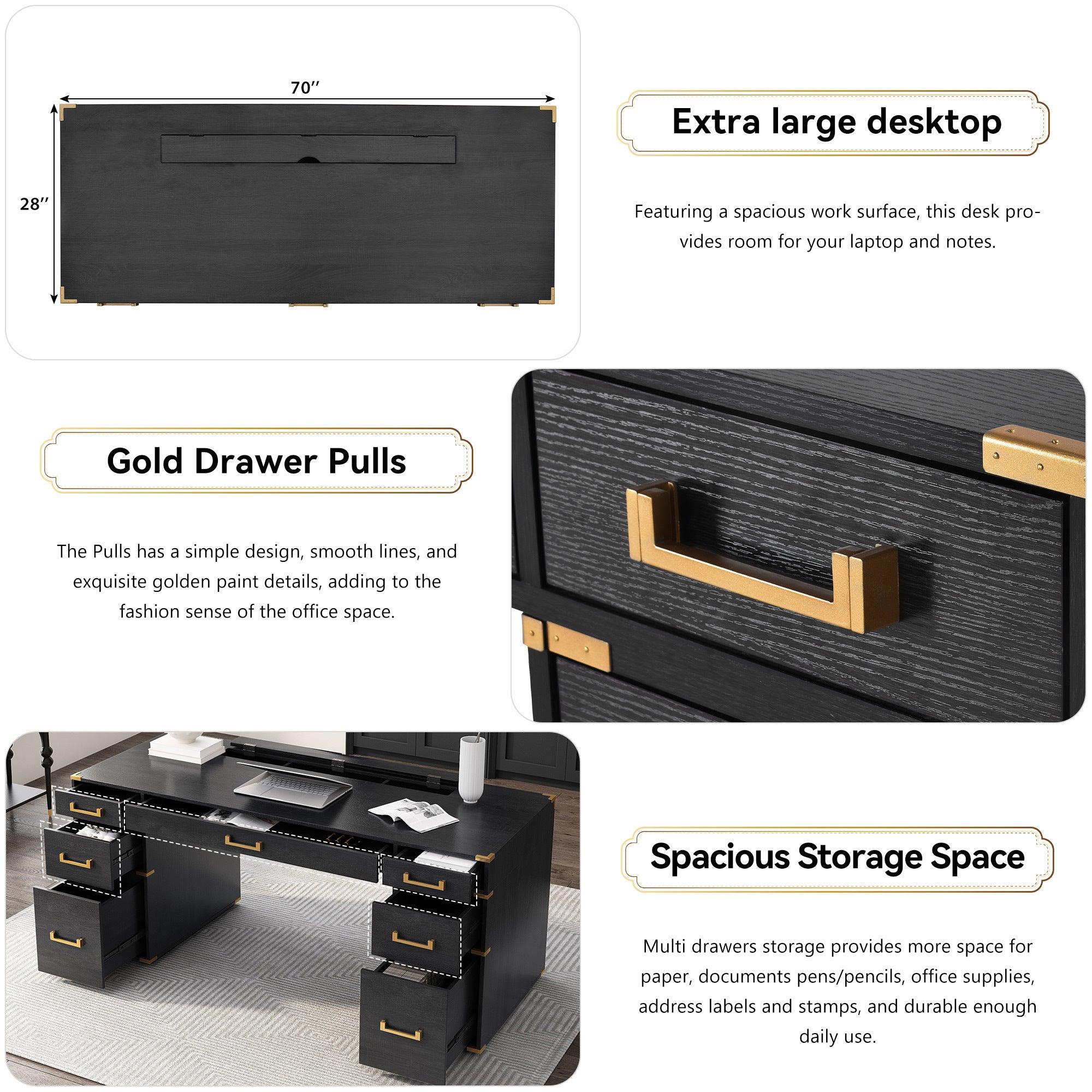 70"Classic and Traditional Executive Desk with Metal Edge Trim - Black