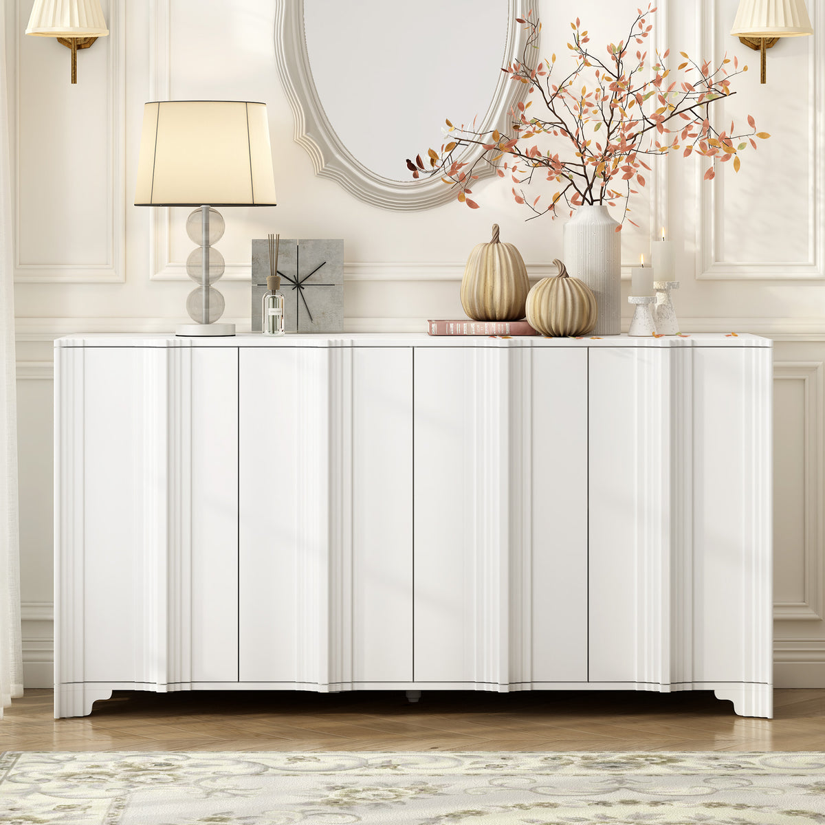 Sophisticated 4-Door Sideboard Adorned with Intricate Linear Accents and Luxurious Multi-Layered Pine Veneer Design Elements,Suitable for Living Rooms, Entrance and Study Rooms
