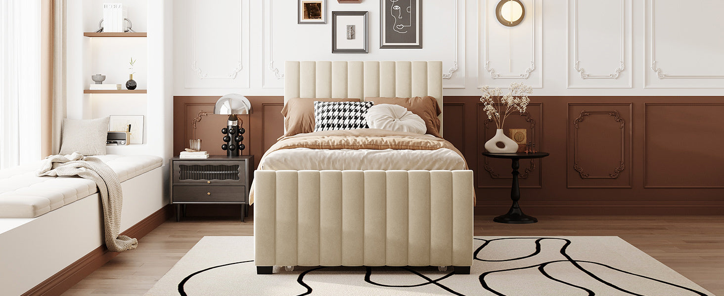 Twin Size Velvet Upholstered Platform Bed with Twin Size Trundle - Beige