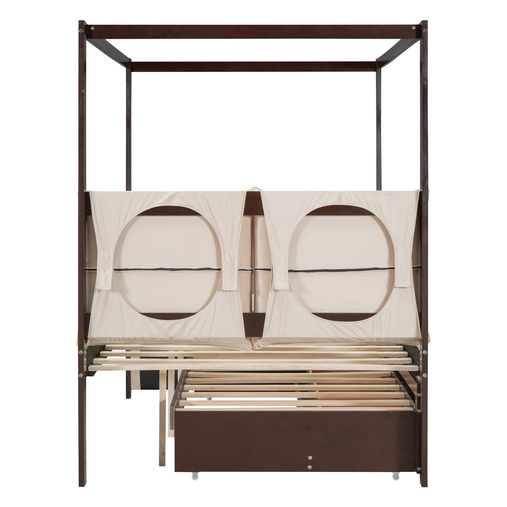 Full Size Upholstered  Canopy Bed with Trundle and 3 Drawers - Beige