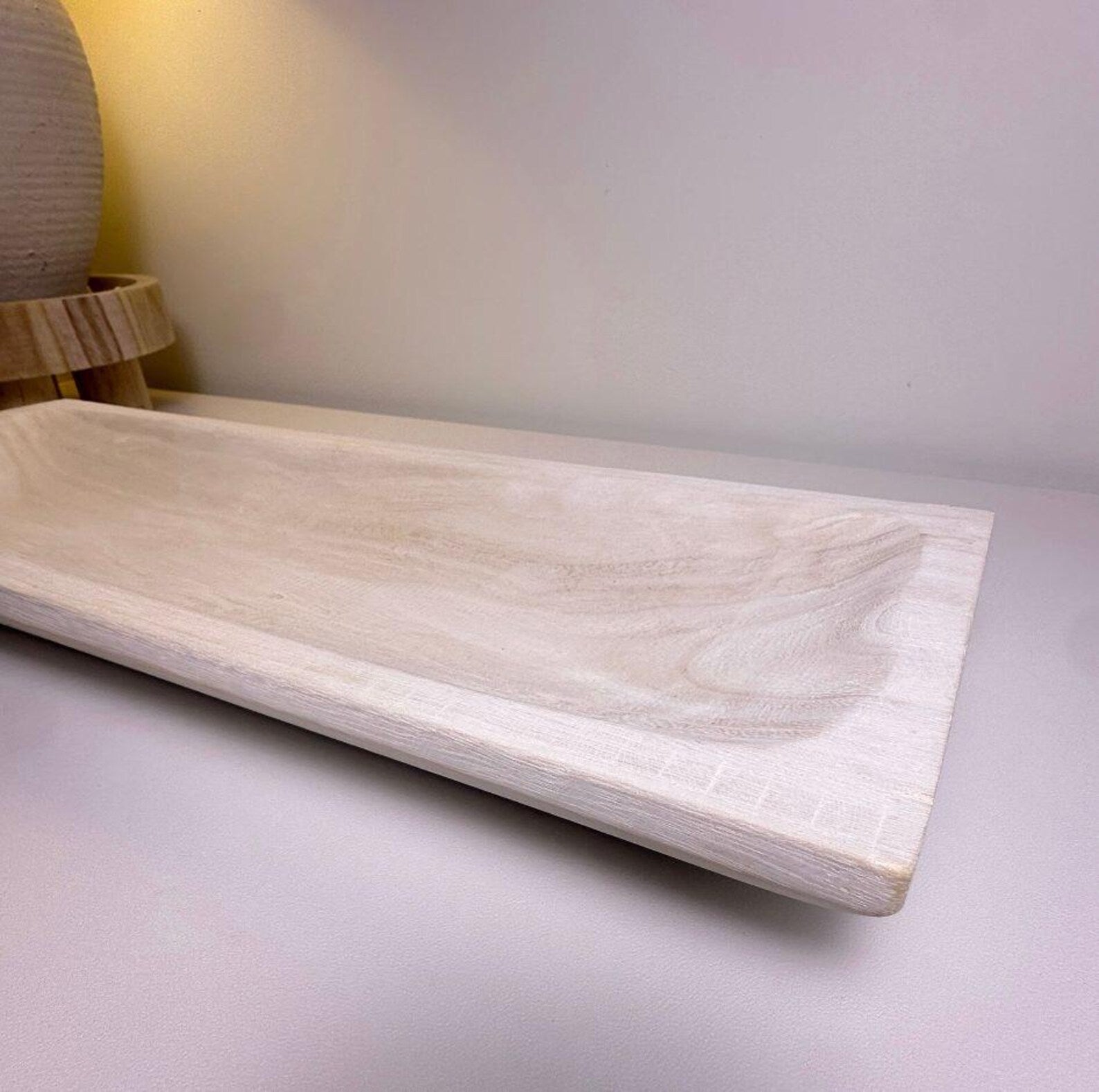 Paulownia Wood Boho Tray 20" long - Ivory Sand Whitewashed