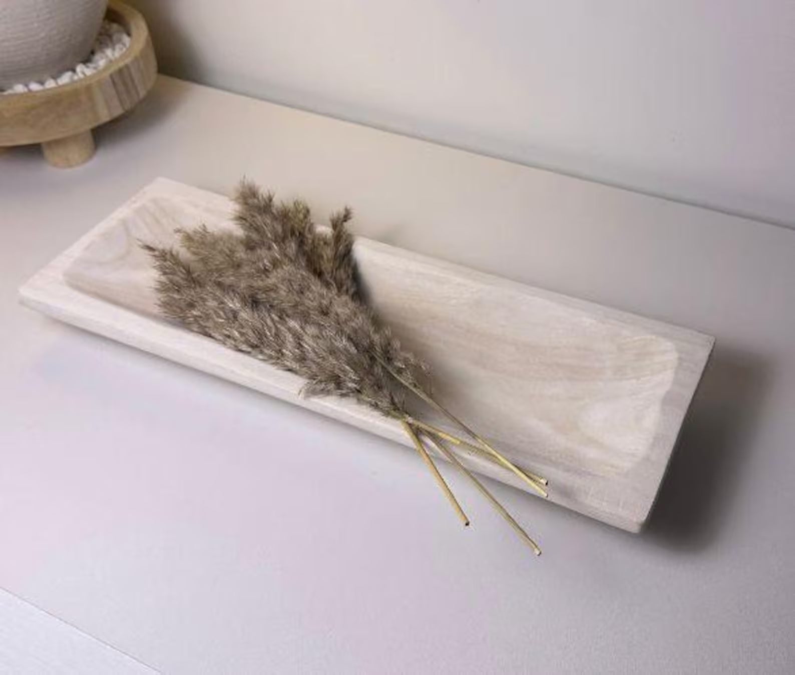 Paulownia Wood Boho Tray 20" long - Ivory Sand Whitewashed