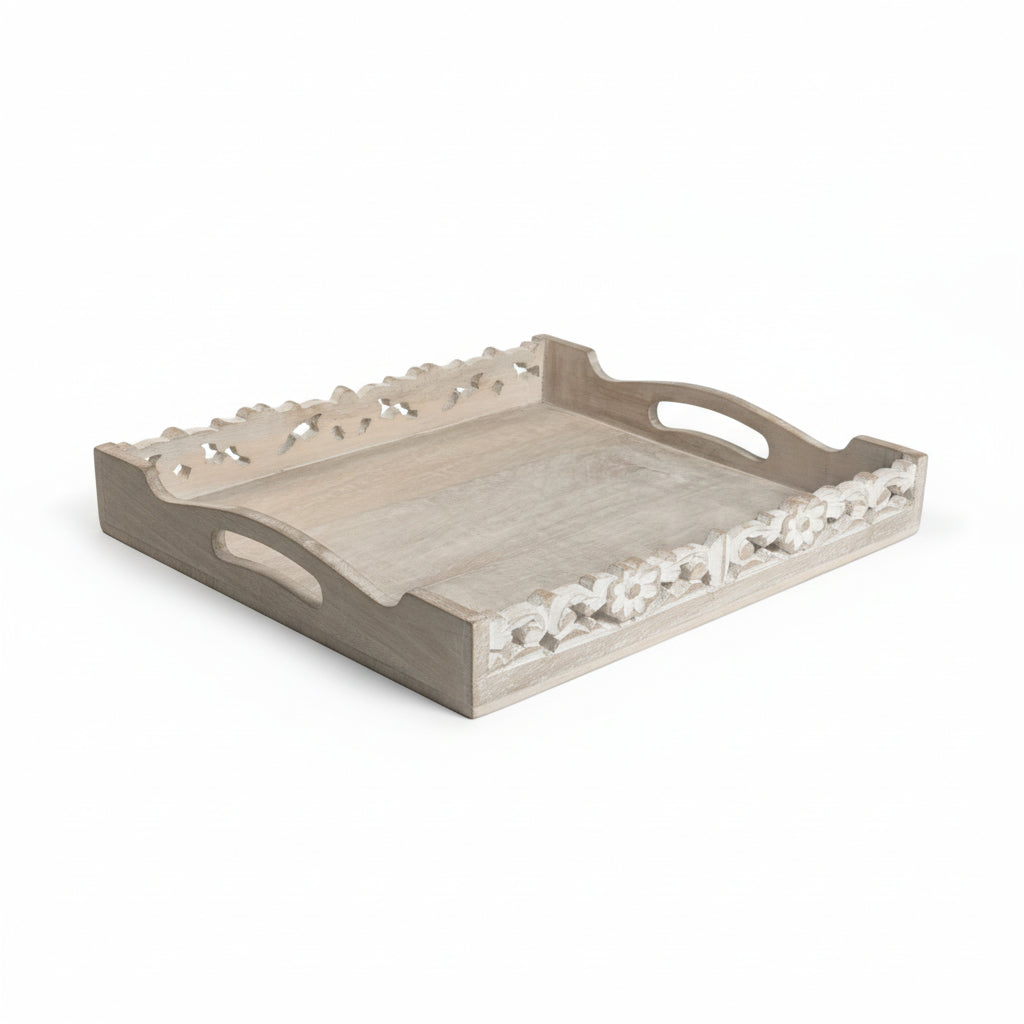 Boho Handmade Decorative Serving Wooden Tray Whitewashed