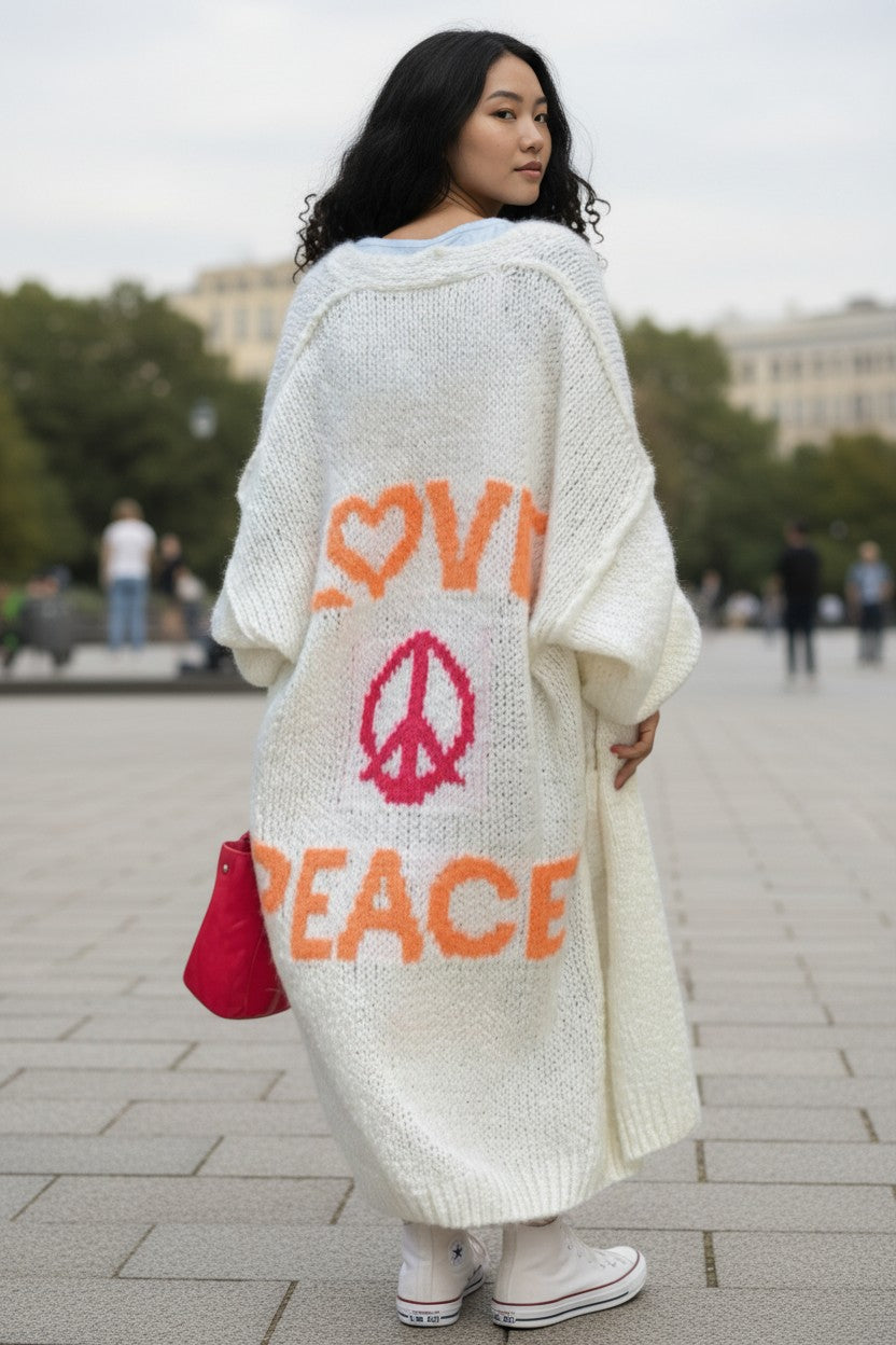 Cozy Women's Love Peace Graphic Oversized Cardigan Sweater Long Sleeve