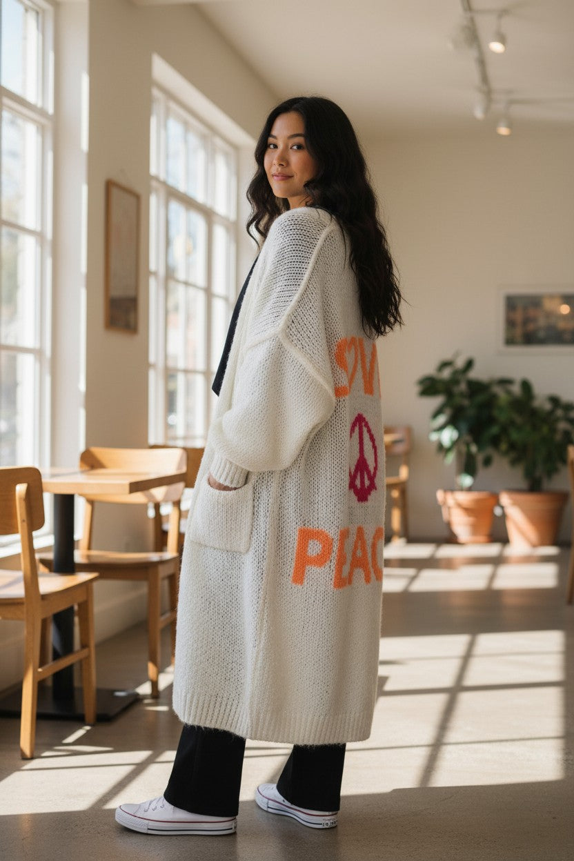 Cozy Women's Love Peace Graphic Oversized Cardigan Sweater Long Sleeve