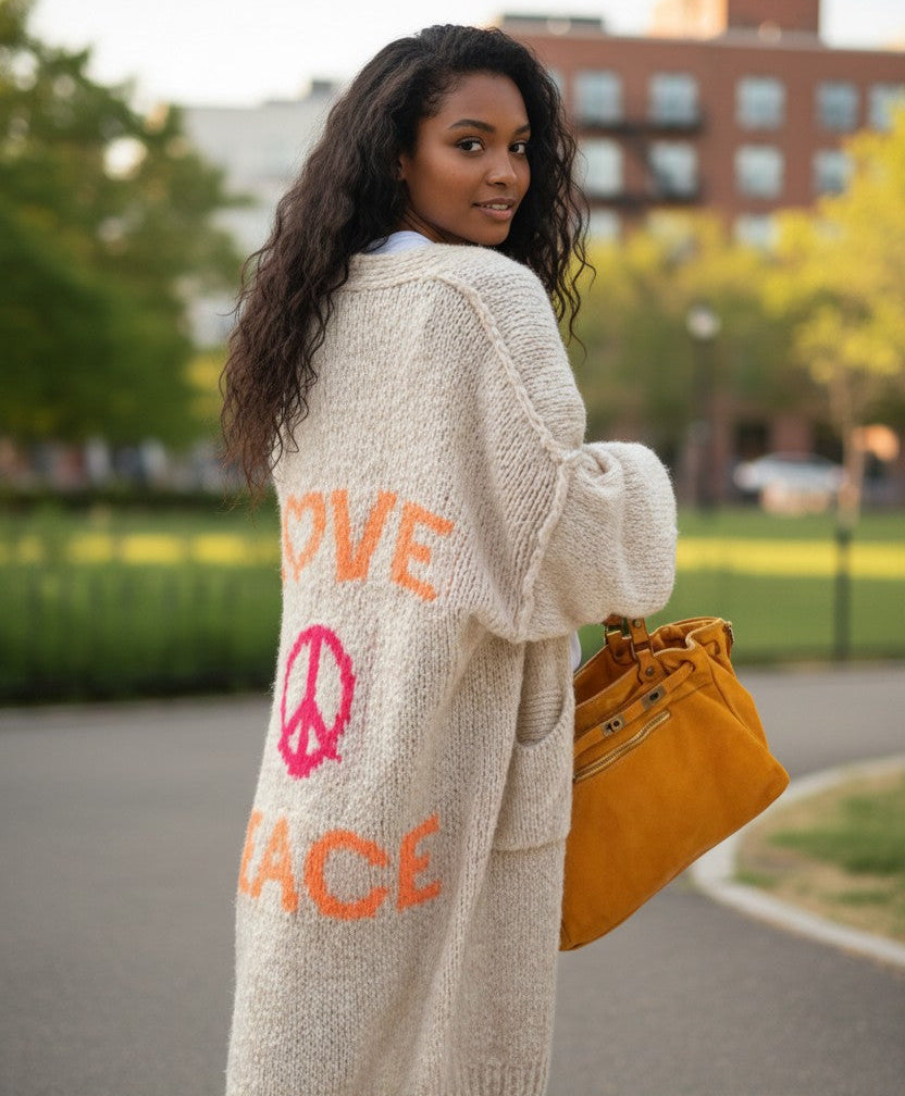 Cozy Women's Love Peace Graphic Oversized Cardigan Sweater Long Sleeve