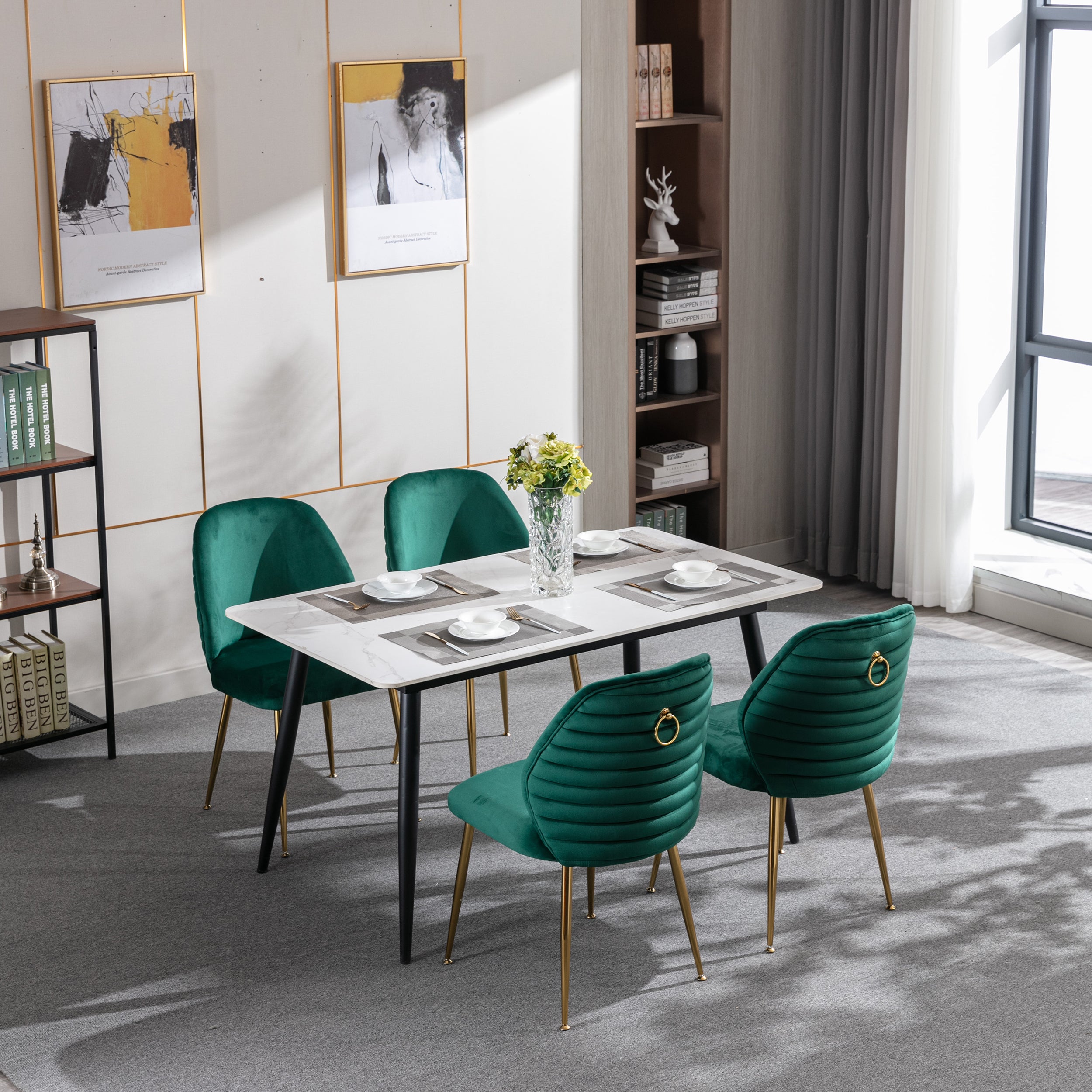 Modern Woven Velvet Upholstered Dining Chairs with Barrel Backrest and Gold Metal Legs (Set of 2) - Green
