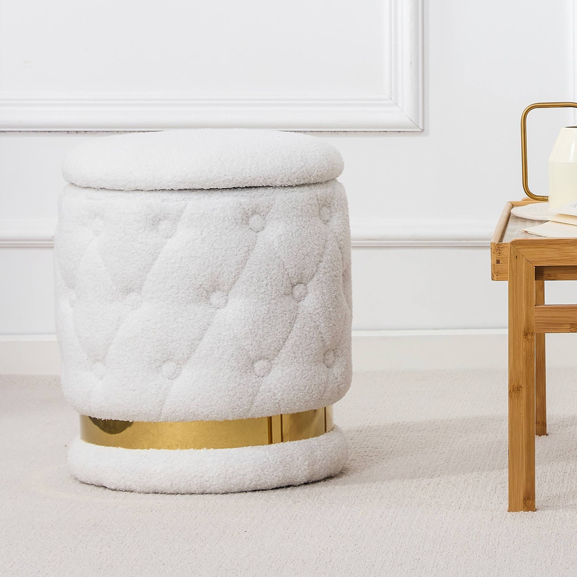 Teddy Velvet Stool Chair with Storage Space - White